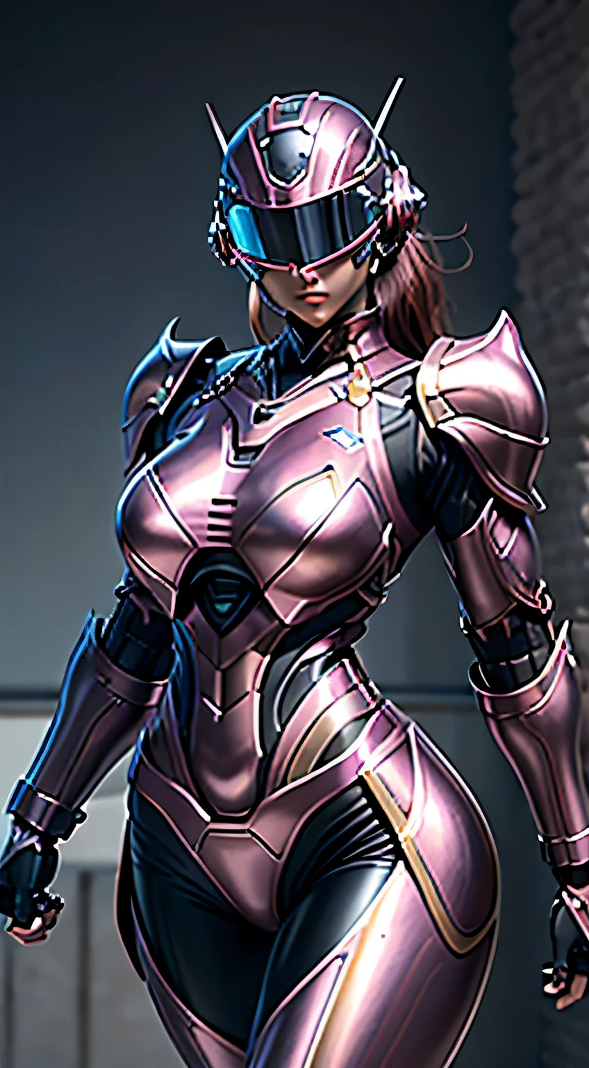 Female Robocop Solo、Bright outdoors、strong light source、8K, high quality, masterpiece, 最high quality、Very detailed、Armor that completely covers the whole body、very large armor、Helmet covering the head、Clear photos、The eyes are hidden by thin, straight goggles:1.3、The lower half of the face is flesh:1.5、Face exposed from nose down:5.0、Luscious lips、Fluorescent pink metallic armor with thin gold lines、Armor that completely covers the chest、Long, slender legs、Vibrant posel body view,Big and ample breasts:1.5, (Sports Body:1.5)、Five Fingers、Photos in the city