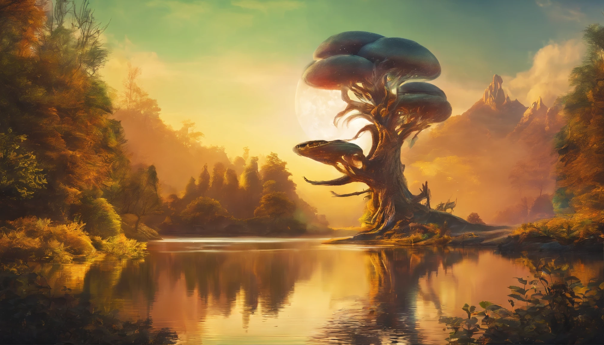 Beautiful alien scenery,nature,Tree,lake,Realistic ray tracing,True light reflection,What photography,8k,masterpiece,Super fine,Super realistic,hyper-realistic,Rich details