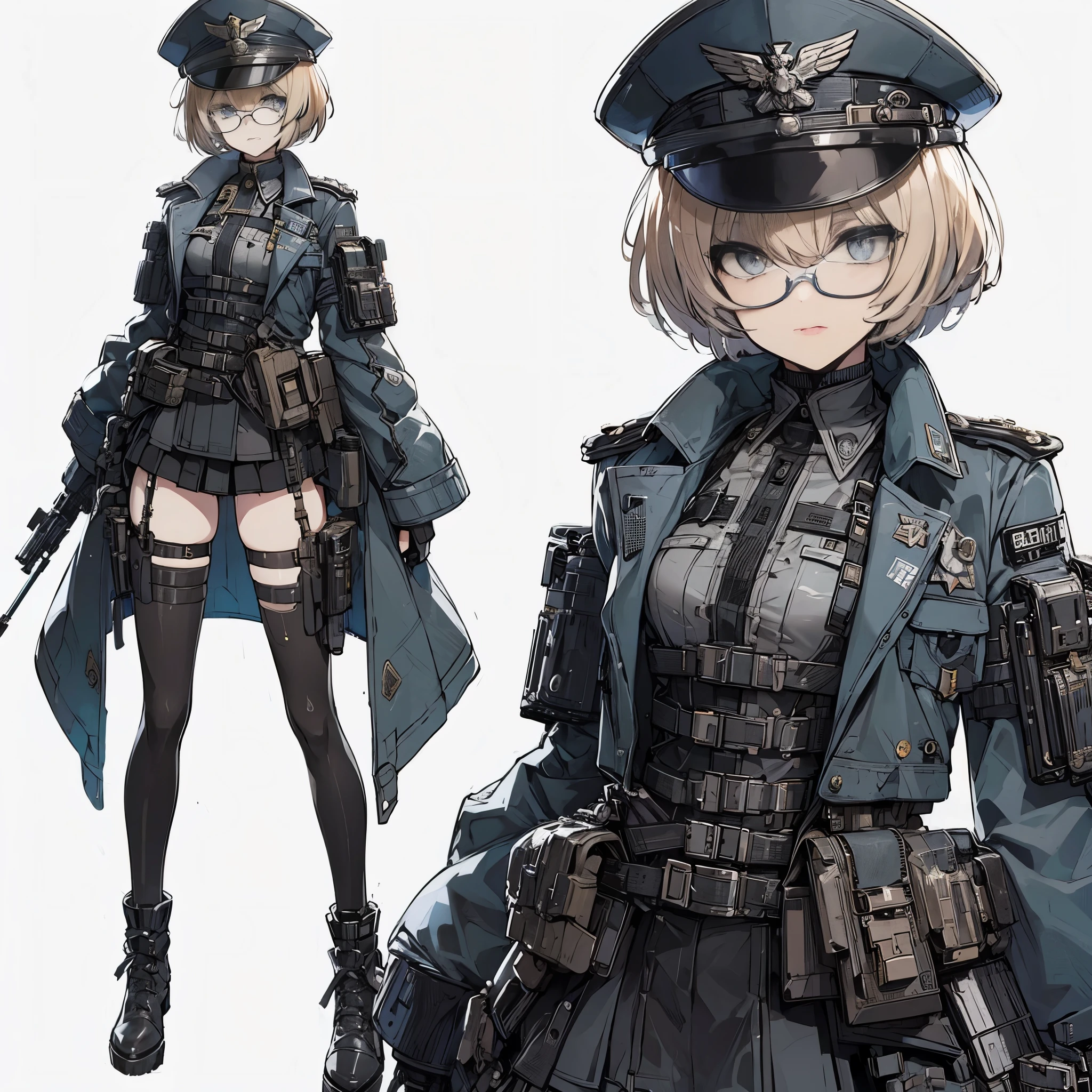 (masterpiece, Best Quality), (Perfect athlete body:1.2), (detailed hairs), Ultra-detailed, Anime style, Full body, Solo, cyberpunk army officer girl, short blond hair with bob cut, blue eyes, thick glasses, military hat and unadorned military coat, wearing long boots, standing on battlefield, 8k high resolution, white background, whole body,