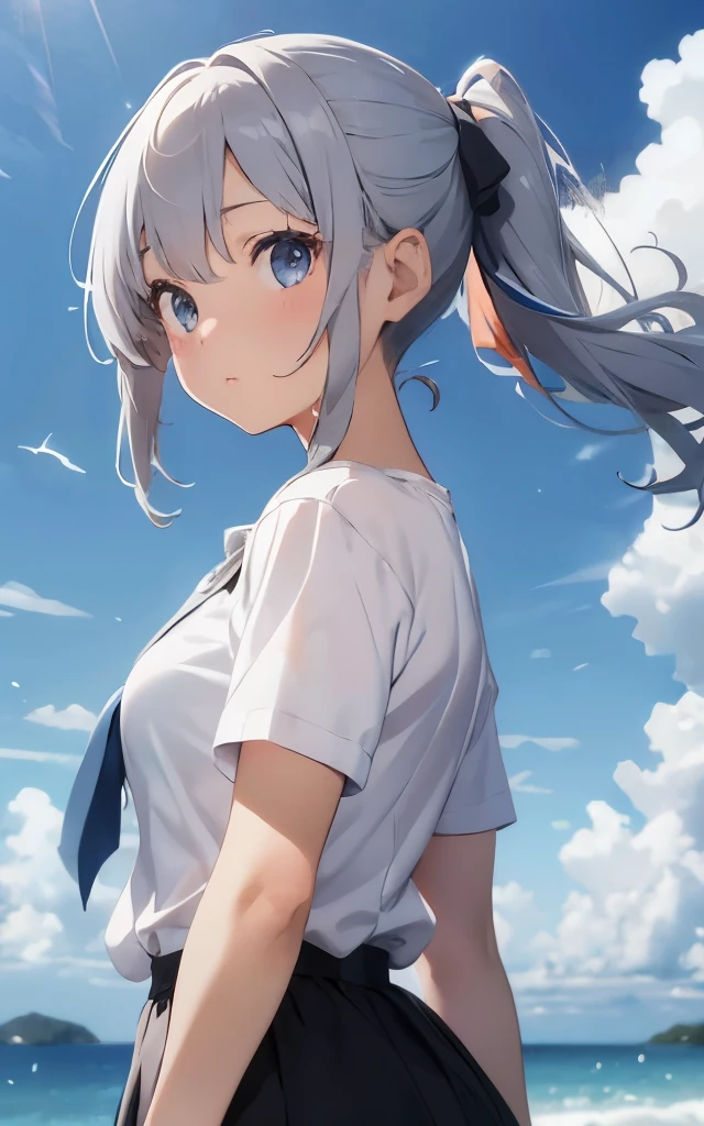 masterpiece, highest quality, High resolution, detailed background, fine eyes, ph Elaina, (white short sleeves:1.2) Eoutfit4,, Upper body, Elaina (majo no tabitabi), alone, long hair, bow, blush, bangs, hair between eyes, blue eyes, hair bow, shiny hair, side lock, hair tube, gray hair, single edge, shiny, hair ribbon, anime color, tokiwadai , strong Wind, Wind, outdoor, blue sky,