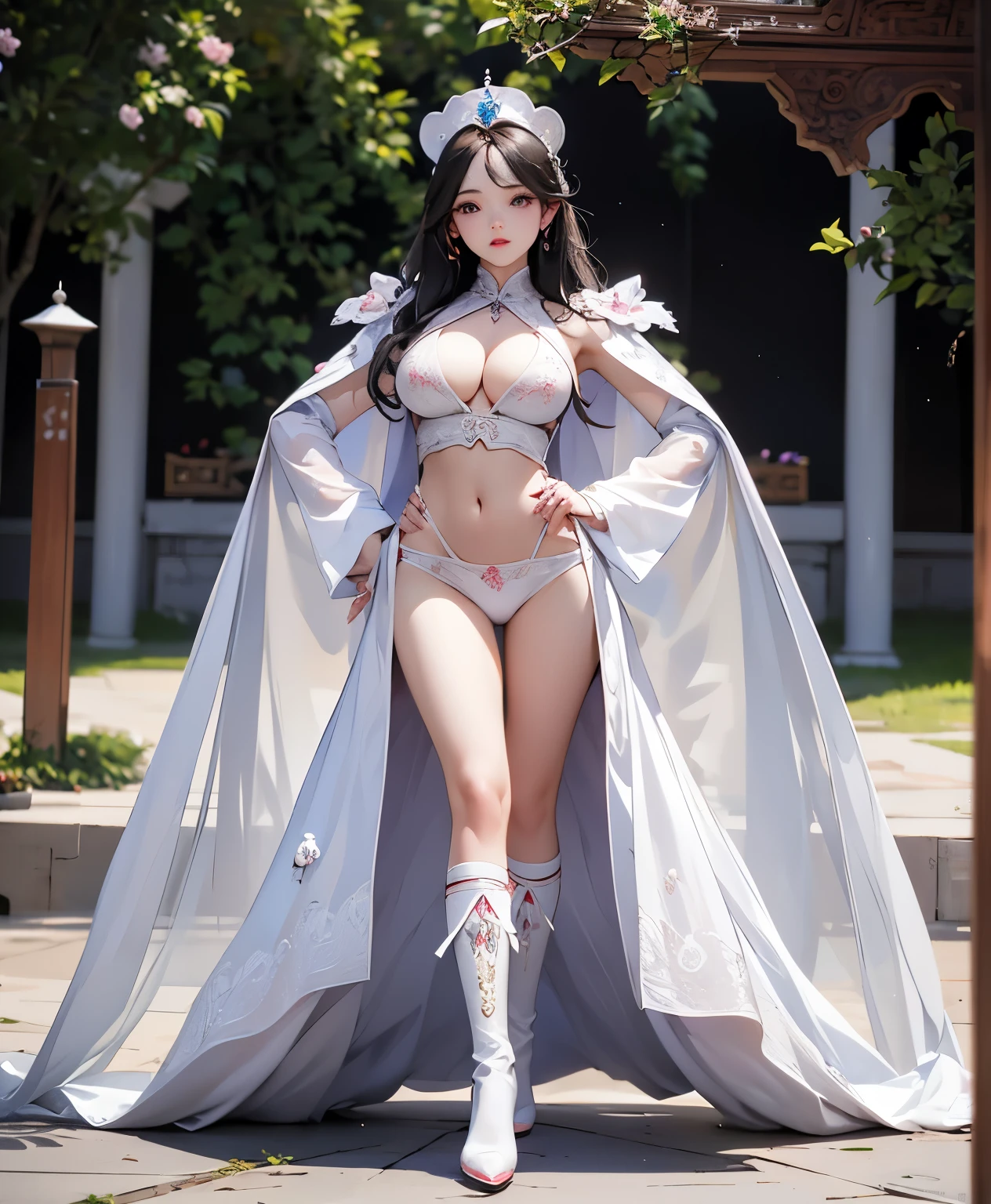 beautiful and delicate woman,Eyes and faces are very detailed, exquisite eyes, super detailed, High resolution, The content is very detailed,best quality,EnLightenment,unity,8k wallpaper,masterpiece,best quality,imagine,1 girl,China costume, Wear sexy white bikini armor,metal style, big breasts, high-cut underwear, 盔甲有圖案metal style的, Big red priest cloak,priest hat,standing posture,long legs,Put on pink blue and white boots,look at the audience,facing the audience,flowing long hair,Surreal 8000g,Impeccable,masterpiece,professional artwork,famous artwork,Light,movie bloom,perfect face,pretty face,fantasy,Dreamy and magical,not real,intricate details,Exquisite pattern…Korean woman’s face
