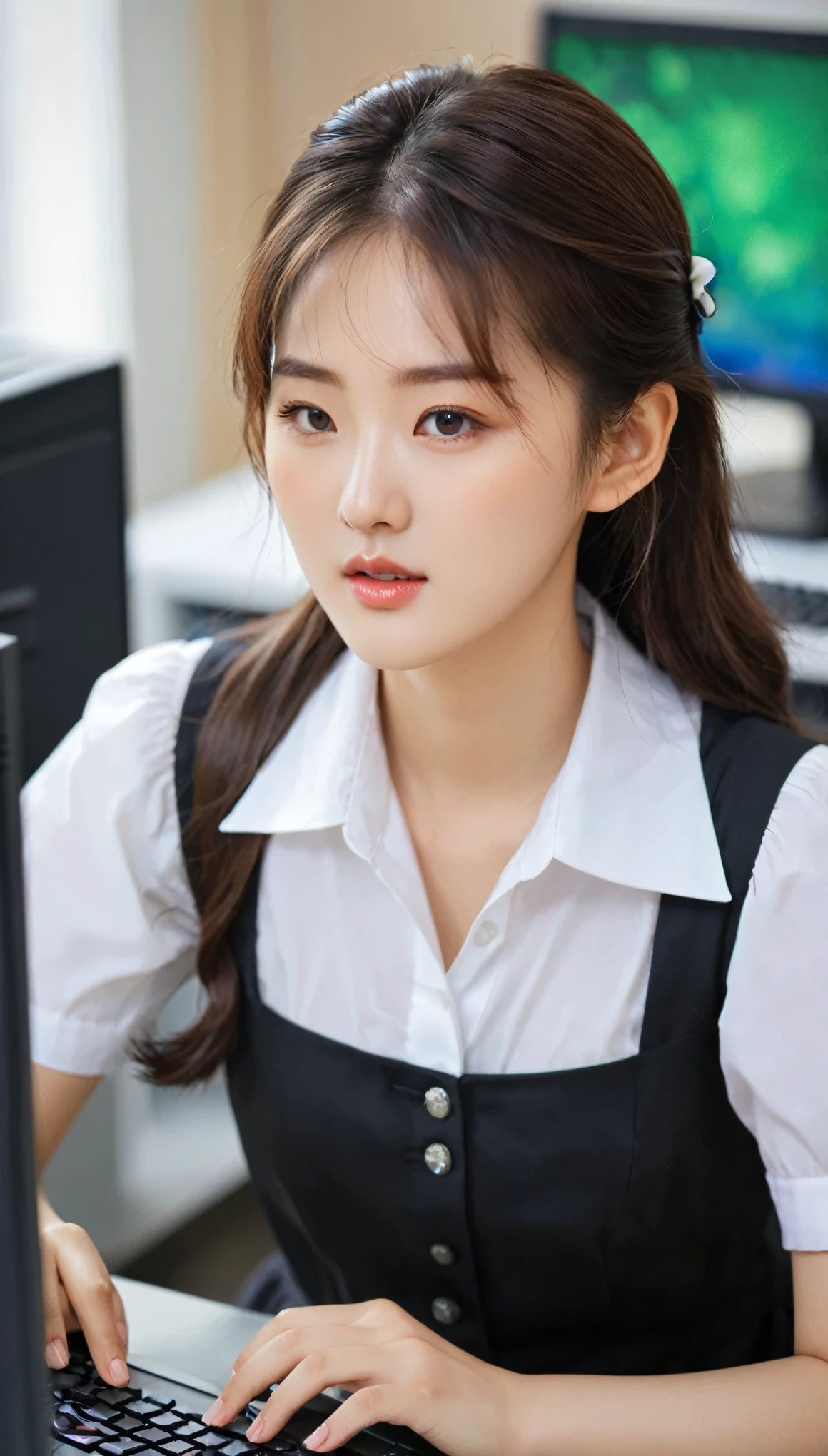 Close-up shot of beautiful korean female, 36 inch breasts size, seriuos expression face, wearing white short sleeve shirt with bottons, black skirt, playing computer, in computer class