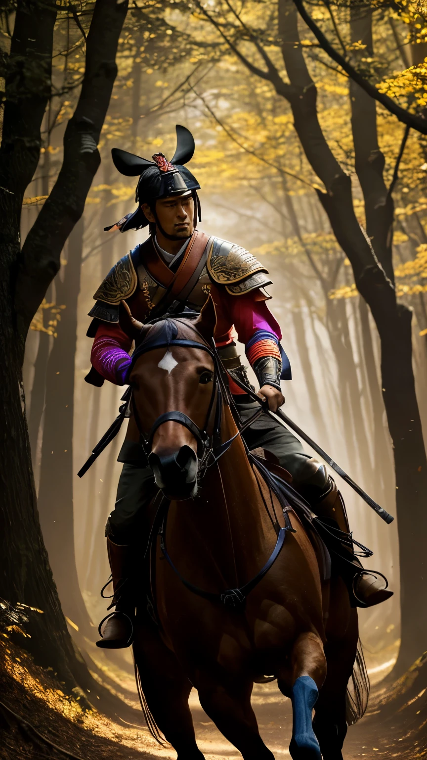  samurai riding a horse at full speed along a forest path, with the leaves of the trees moving in the wind and the sun filtering through the branches: realistic epic, soft cinematographic portrait, Adobe Lightroom, photography laboratory, muy detallado, despondent, (colores neutros: 1.2), (HDR: 1.4), (colores suaves: 1.2) ), hiperdetallado, (art station:1.4), cinematographic, warm lights, dramatic light, (Detalles intrincados:1.1), fondo complejo, (rutkowski:0.66), (azul y naranja:0.4)