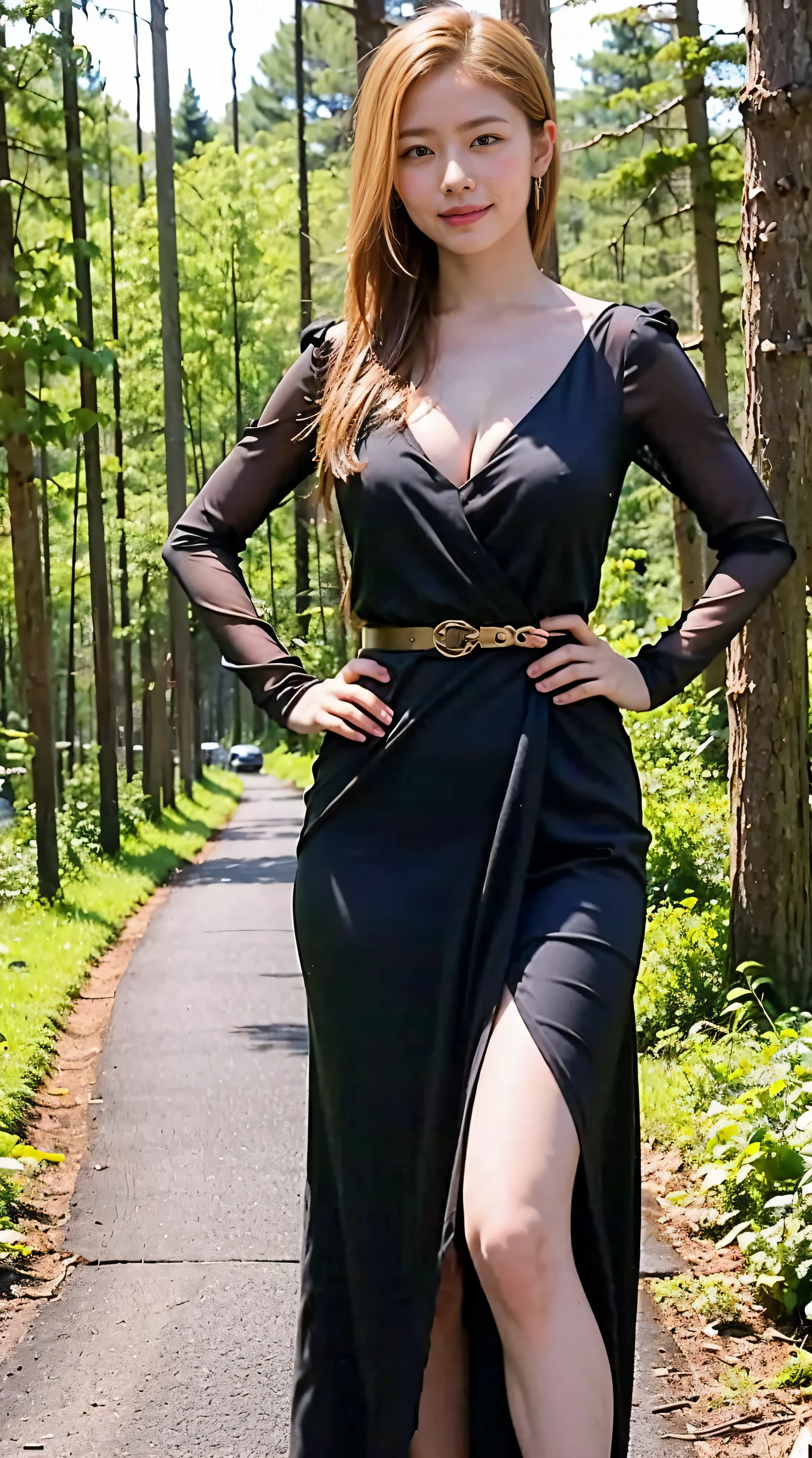 (8K、Raw photo、highest quality、masterpiece:1.2)、(realistic、Photoreal)、1 girl、((black dress、See-through、in the forest、sandals、blonde、I can see your feet、stand with hands on hips、belt、big breasts、Seen from the front、stand with legs apart、))、lots of eyelashes、Glitter on your eyelids、skeletally correct、smile、standing with hands on hips、