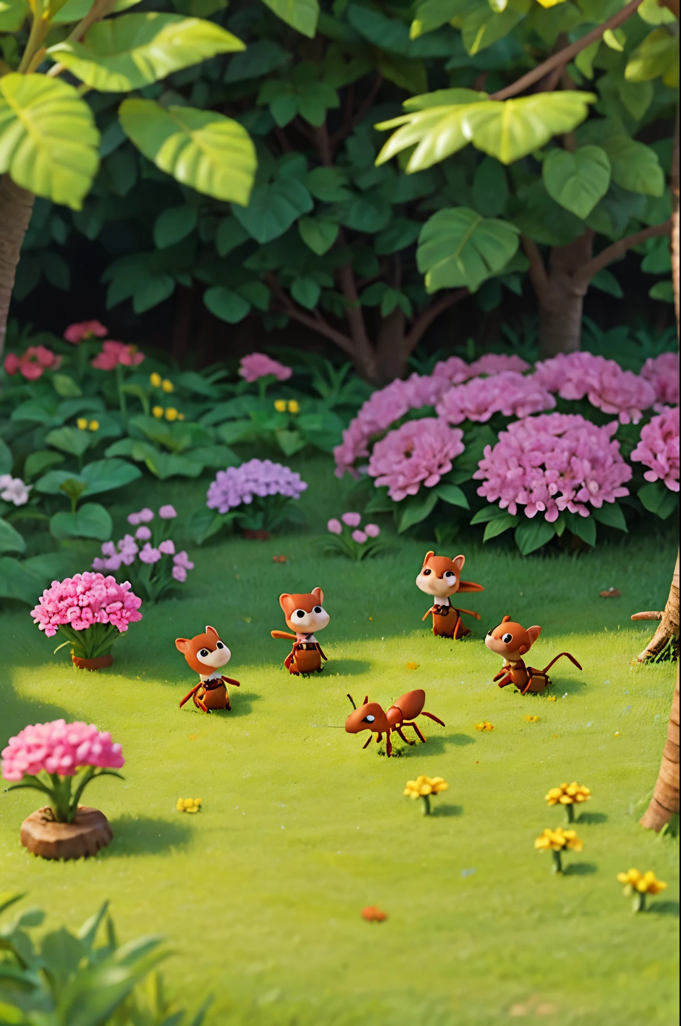 lots of little ants in the yard full of flowers and trees