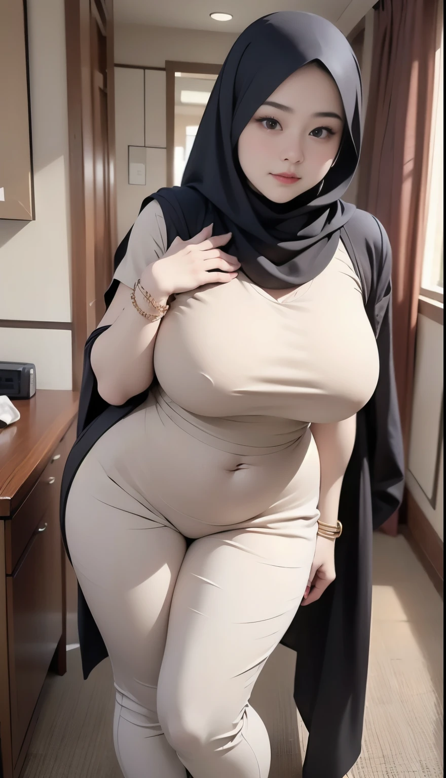 ((best quality)), ((masterpiece)), (detailed), perfect face, araffe woman thick and thight long pants posing for a picture, curvy model,, curvy hourglass figure, sexy longest hand t-shirt, thicc, beautiful full body shot, soft curvy shape, in a longest hand t-shirt, a beautiful woman open legs , bbwchan, , armpits, there is a old woman posing in a dark room with a maroon burka clothes , 43 years old, thick body, beautiful thick female, wide hips, thick legs, she has a jiggly fat round belly, thick thighs, curvy hourglass figure, thicc, curvy model, widest hips, hyperrealistic full figure, bbwchan, voluptuous body, thick, tattooed body, tattooed hands, hena on arm, hena in belly, Burka girl, muslim clothes, 43 years old woman. Burka chubby woman, chubby cheeks, wearing a sneakers, bob hairstyle, thick neck, short neck, there is a woman random pose red-brown hijab, bbwchan, thicc, brown hijab outfit, brown hijab fashion model, korean girl, korean woman, wearing brown robe, full length shot, alluring plus sized model, japanese goddess, clothed in hooded, voluptuous and arousing, portrait shot, curvy model, voluptuous body, wonderful, nene tanaka body , bbwchan, The overall atmosphere is smooth , haunting illustrations, extremely high-resolution details, photographic, realism pushed to extreme, fine texture, 4k, ultra-detailed, high quality, high contrast, red sneakers , cold atmosphere ,, 8k resolution , ultra-detailed resolution , wearing long thight pants, random pose with full body , full body, diamond necklace , wearing a watch , thick arm, thick cheeks , wearing a gold Bracelet