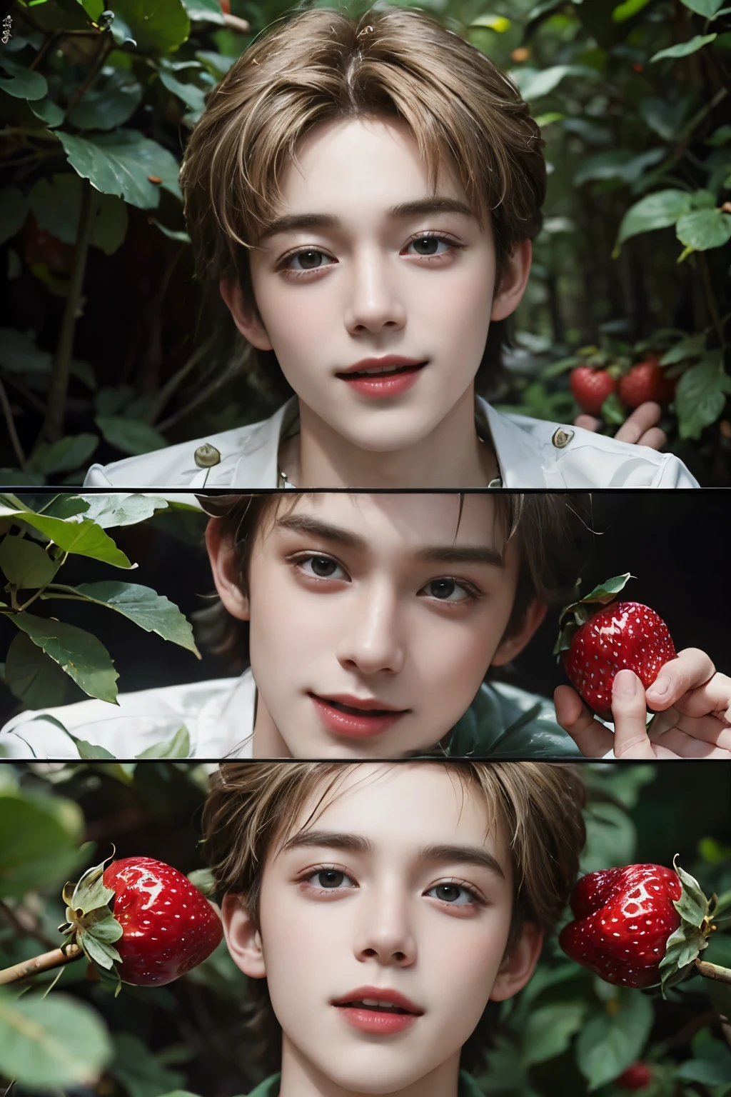Handsome man in a bright forest. highest quality, masterpiece, ultra high resolution 　look at me and smile　Emotionally rich facial expressions　Harvesting strawberries with wide open mouth smiling　short bright blonde man