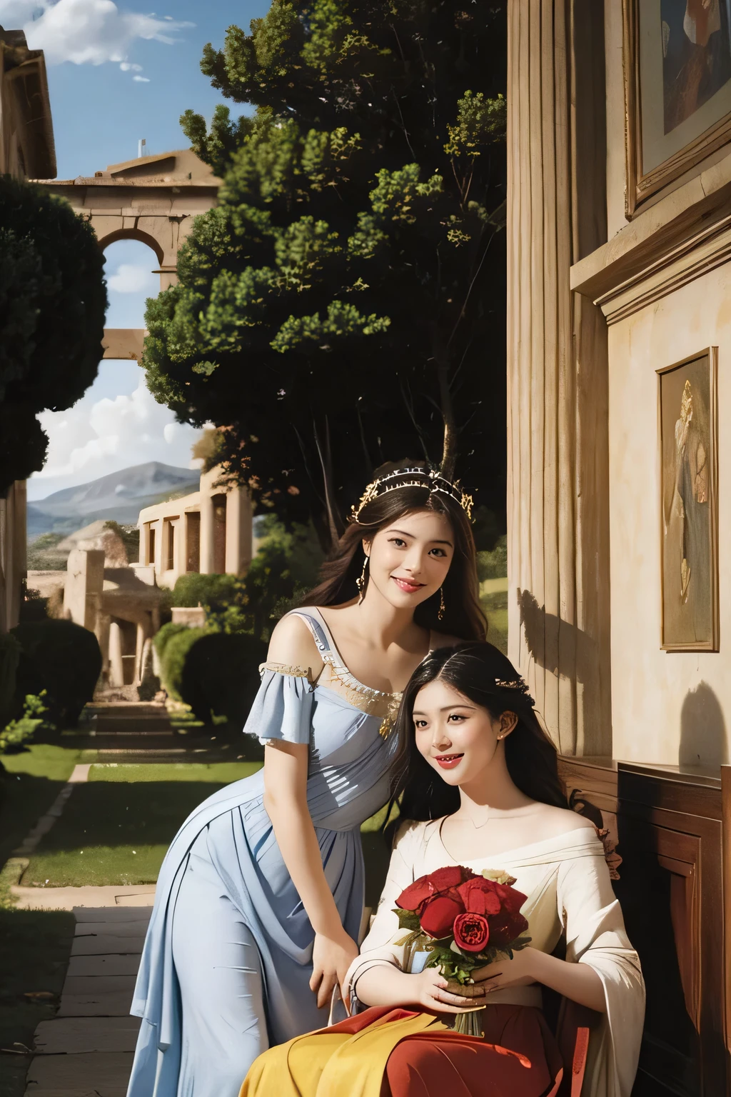 Giorgione painting style,Arguments of two female Philosophe,math、astronomical machine、astronaut、roses in vase、fruits、Cute trinkets、smile、ancient greek costume、Ancient Roman landscape in the style of Nicolas Poussin,laughter,,Sweet and seductive appearance.、Caravaggio's paintings、Chiaroscuro of Caravaggio、hair tousled by the wind,Two women frolicking,cute smile, expression of ecstasy,Sexy,erotic 