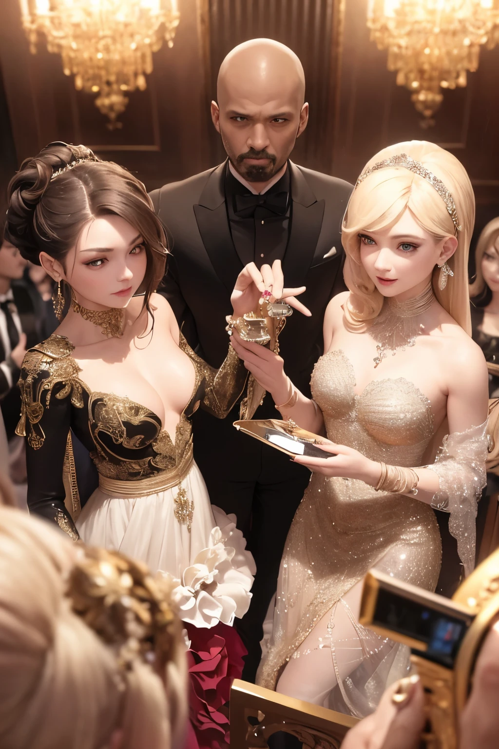 Amidst the bustling charity event at the opulent elite hall, a close-up view slightly from above reveals an enchanting scene. Gorgeous ladies, draped in luxurious evening gowns, graciously mingle with refined gentlemen in their expensive suits. Their intricately styled high hairstyles are adorned with radiant accessories, contributing to the jubilant ambiance.
However, the keen observer's gaze cannot help but notice hidden gems amongst the distinguished guests. Skillfully concealed cyborgs, their mechanical components seamlessly integrated into their appearances, deftly blend into the crowd. One such cyborg, named Alexander, steals a furtive
