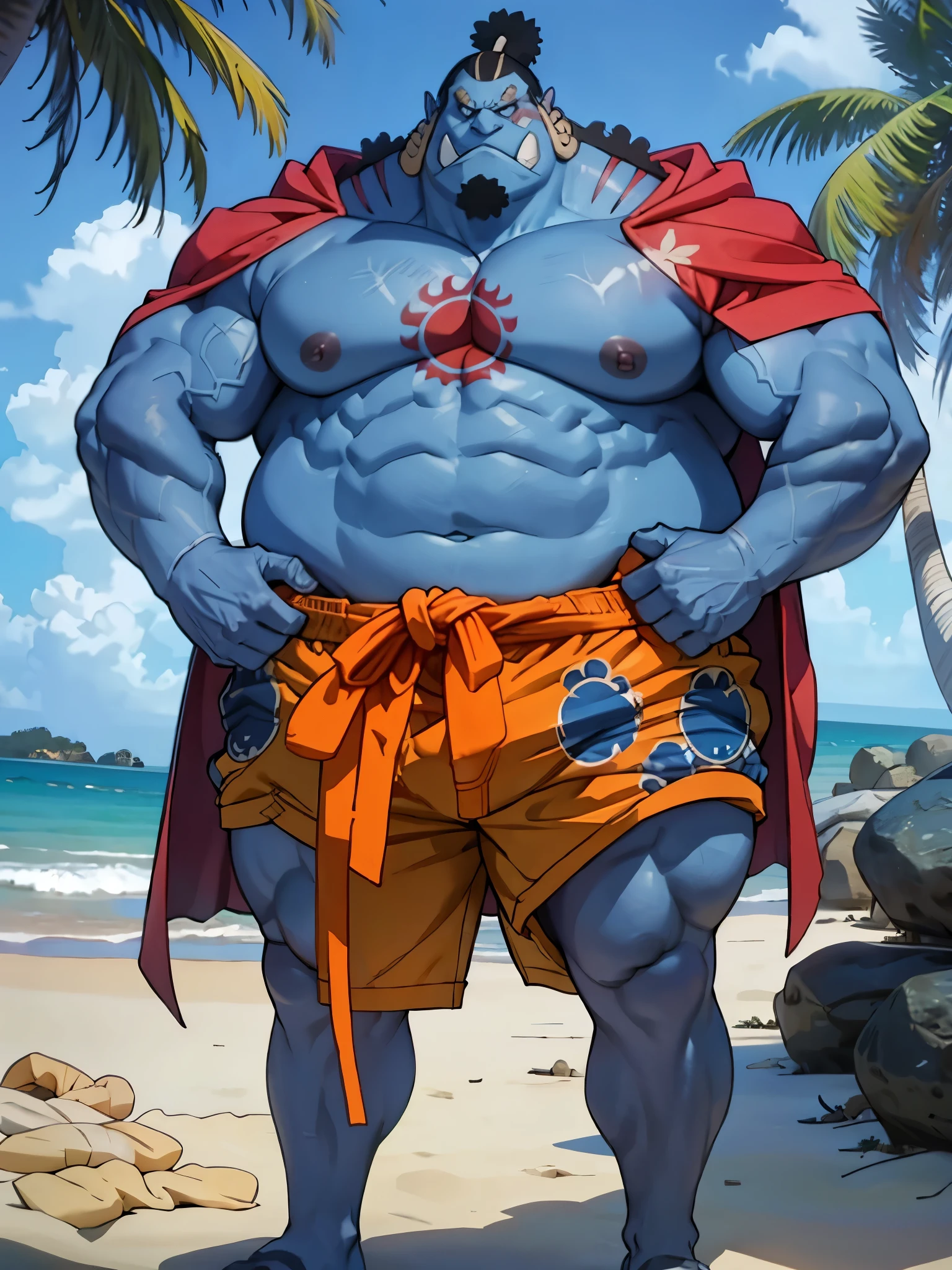 chubby man (jinbei) standing in beach, blue skin, muscular, chest tattoo, beach, palm, realistic, 8k, masterpice, (shirtless, nude, topless. wearing shorts)