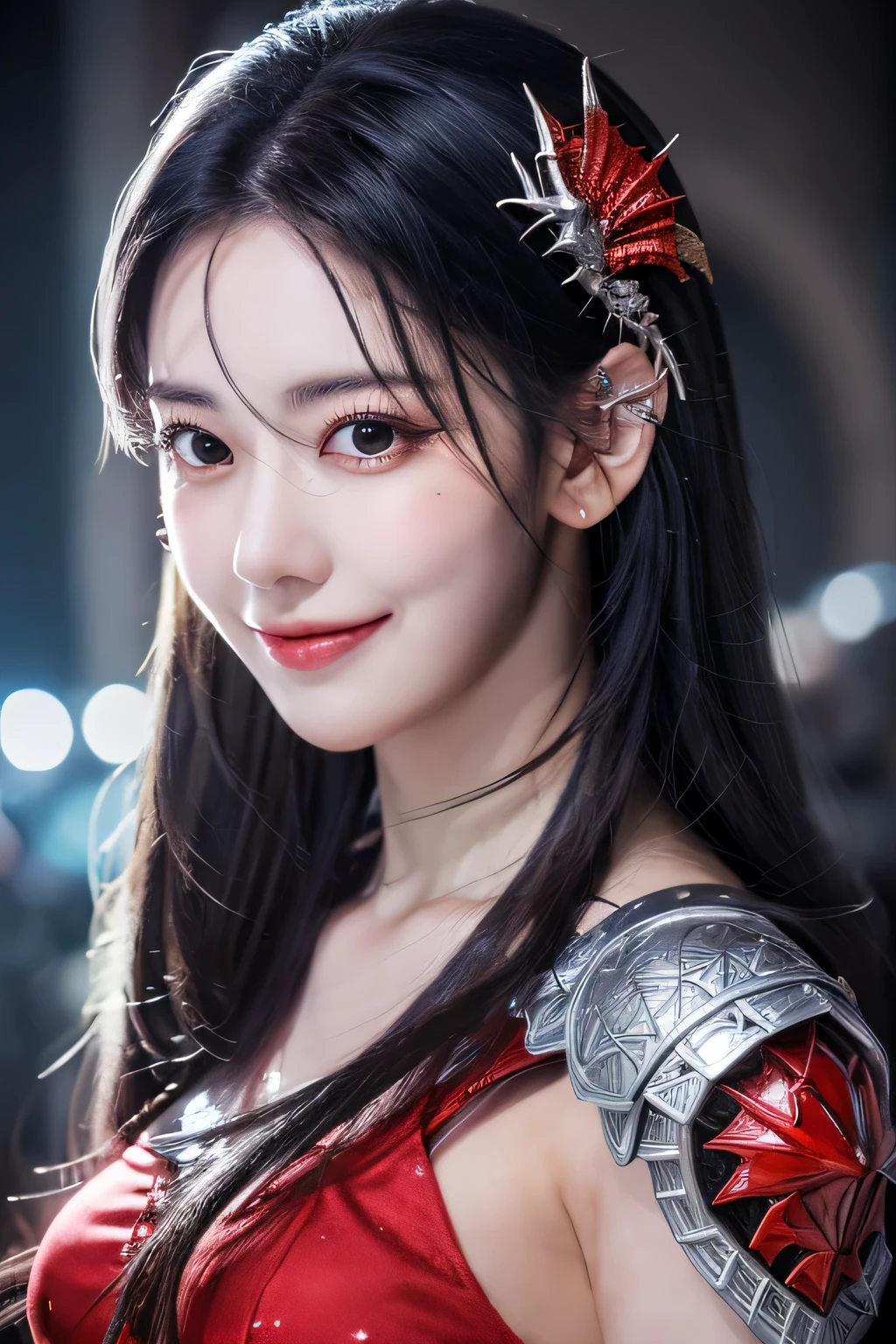(highest quality,masterpiece),Close up portrait of woman in silver and red dress posing,Huge ,beautiful face,well-proportioned face,tie long hair,detailed fantasy art、fan art best art station、magnificent exquisite character art、Dragon helmet,beautiful armor、Armor with intricate details,Highly detailed art buds、detailed digital anime art、armor girl,valkyrie,black hair、smile、beautiful teeth