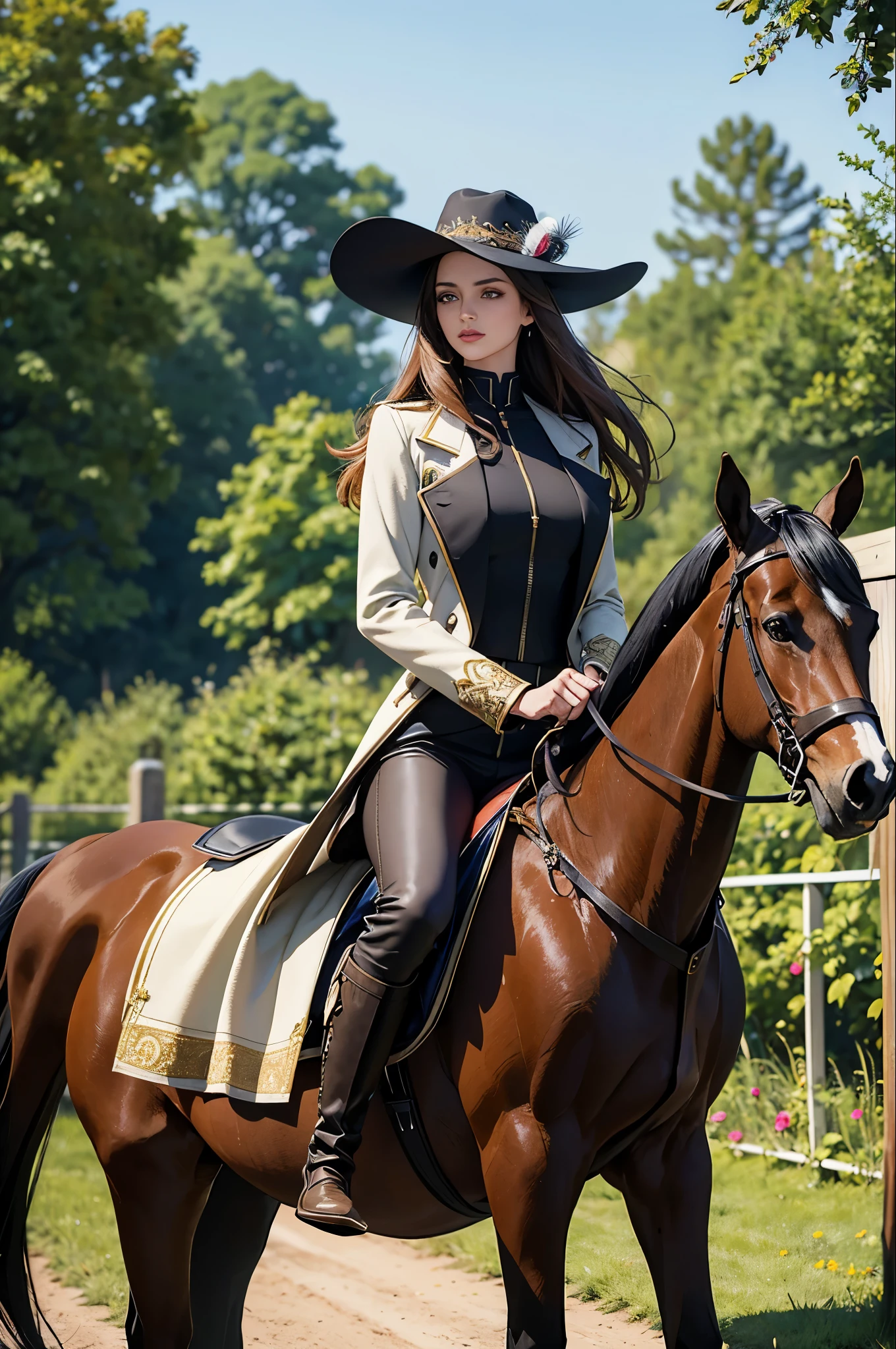 (best quality,4k,8k,highres,masterpiece),ultra-detailed,realistic, HDR, arafe French aristocrat woman,beautiful detailed eyes,beautiful detailed lips,gorgeous face,riding a strong horse in a lush garden, long flowing hair, poised and confident posture, wearing an exquisite hat with feathers, fashionable equestrian attire, luxurious modern coat with decollete design,jodhpurs made of high-quality leather, stylish leather jacket and boots, elegant breeches and riding boots, accentuating her slender figure, exquisite leather detailing and stitching, perfectly tailored clothing, exuding a sense of power and sophistication, vibrant and vivid colors, rich textures, soft and natural lighting, showcasing the beauty and elegance of the woman and the horse.