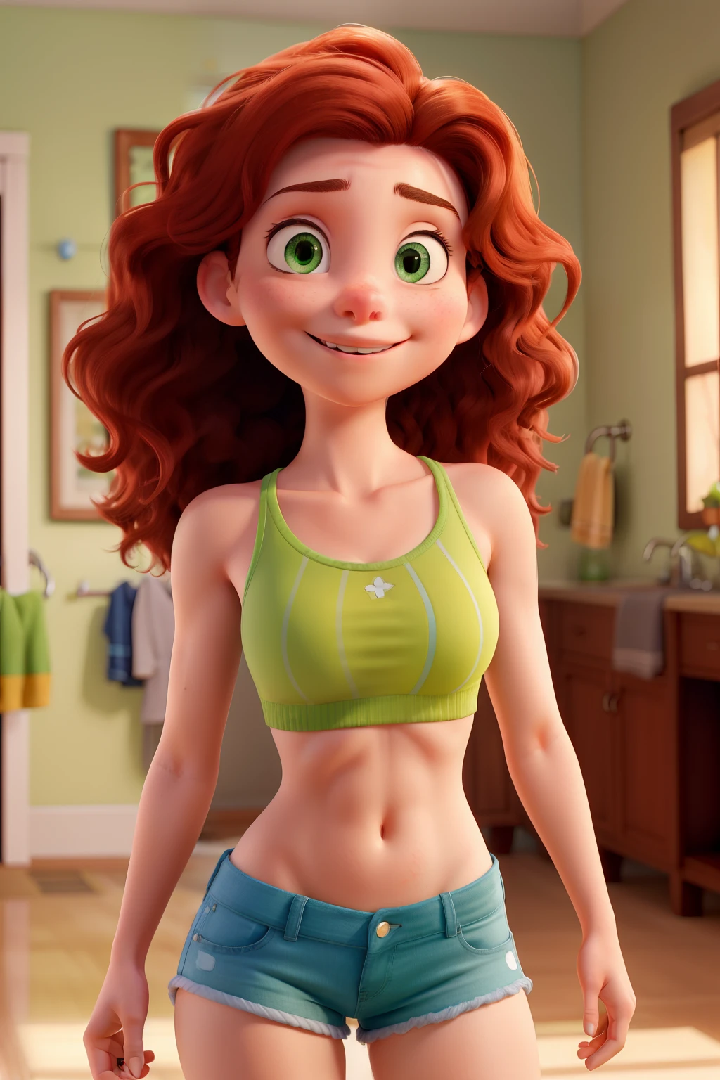 In the vividly rendered scene by Pixar, a 19-year-old woman, with sun-kissed, wavy, brilliantly detailed auburn hair, stands before a full-length mirror in a room bathed in bright natural lighting. She wears nothing but a cheerleader outfit that she has just taken off, her unworn shorts and top lying discarded nearby. Her small, athletically toned abs are visible, as is the slight blush that colors her pale skin. Her bright green eyes are expressive, her rosy cheeks flushed with the heat of the moment. Her perfectly detailed face is centered in the frame, her smile radiant as she catches the viewer'