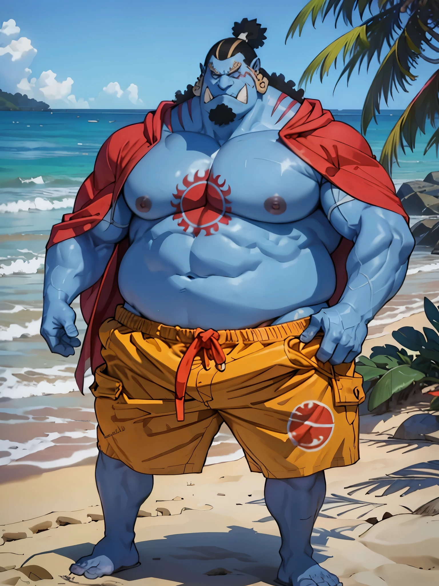 chubby man (jinbei) standing in beach, blue skin, muscular, chest tattoo, beach, palm, realistic, 8k, masterpice, (shirtless, nude, topless. wearing shorts)