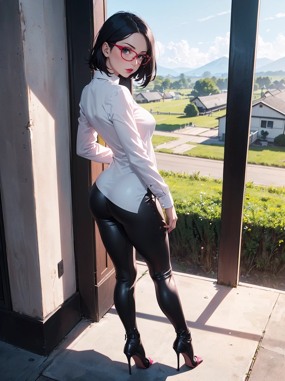 (1girl, solo, alone), (WakatsukiRisa, Sarada Uchiha, black hair, short hair, black eyes, red glasses), ((solo, (1woman, pink lipstick, (small breasts), black eyes), Extremely detailed, ambient soft lighting, 4k, perfect eyes, a perfect face, perfect lighting, a 1girl)), austere, ((black leather pants, (high heels, ((dress shirt, white shirt, long sleeve blouse))), black leggings, leather pants, black pants, ((stiletto high heels, (peep toes), black high heels with red soles, high heels)), tight clothes, shiny leather, leather, leathery, farm, balcony, ((looking back, backwards)), farm background, pond)), ((itness, muscular, shapely body, athletic body, toned body))
