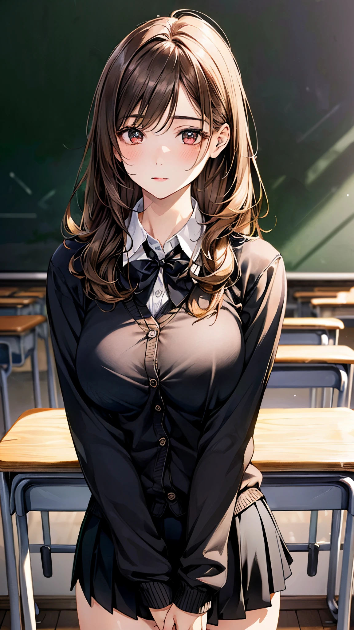 (masterpiece:1.2, top-quality), (realistic, photorealistic:1.4), beautiful illustration, (natural side lighting, movie lighting), nsfw,
looking at viewer, (face focus, upper body), 1 girl, japanese, high school girl, perfect face, cute and symmetrical face, shiny skin,
(very long hair:1.5, messy hair:1.4, light brown hair), crossed bangs, brown eyes, big eyes, drooping eyes, long eye lasher, (large breasts:1.5), slender,
beautiful hair, beautiful face, beautiful detailed eyes, beautiful clavicle, beautiful body, beautiful chest, beautiful thigh, beautiful legs, beautiful fingers,
((overly long sleeve black cardigan, white collared shirts, black pleated mini skirt), dark red bow tie),
(beautiful scenery), evening, (school classroom, blackboard), standing, hands between legs, (expressionless, chestnut mouth),