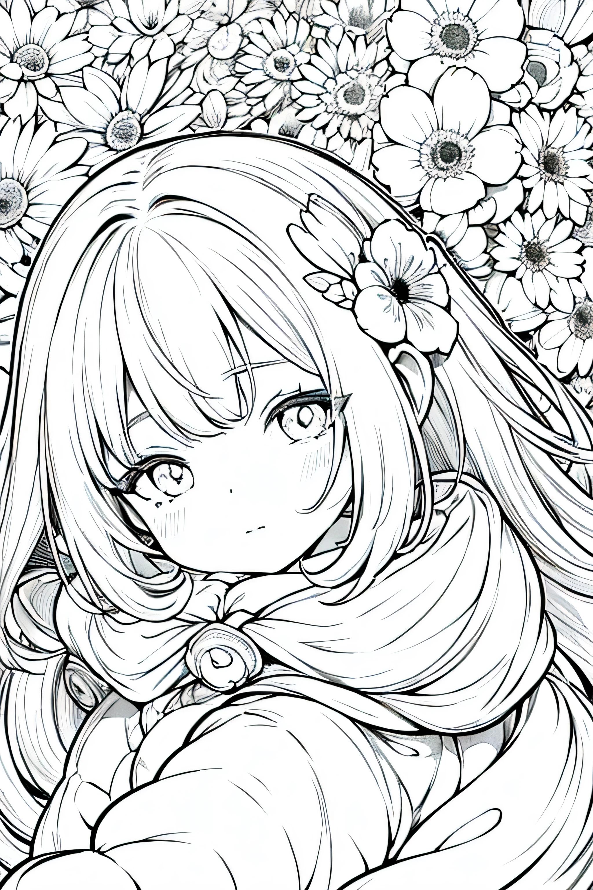 Detail face, ((Perfect details)), Cold light, ((Data in eyes)), ((Data embellishment hair)), Line drawing, Monochrome, Line drawing cute baby, white hair, flower line drawing background