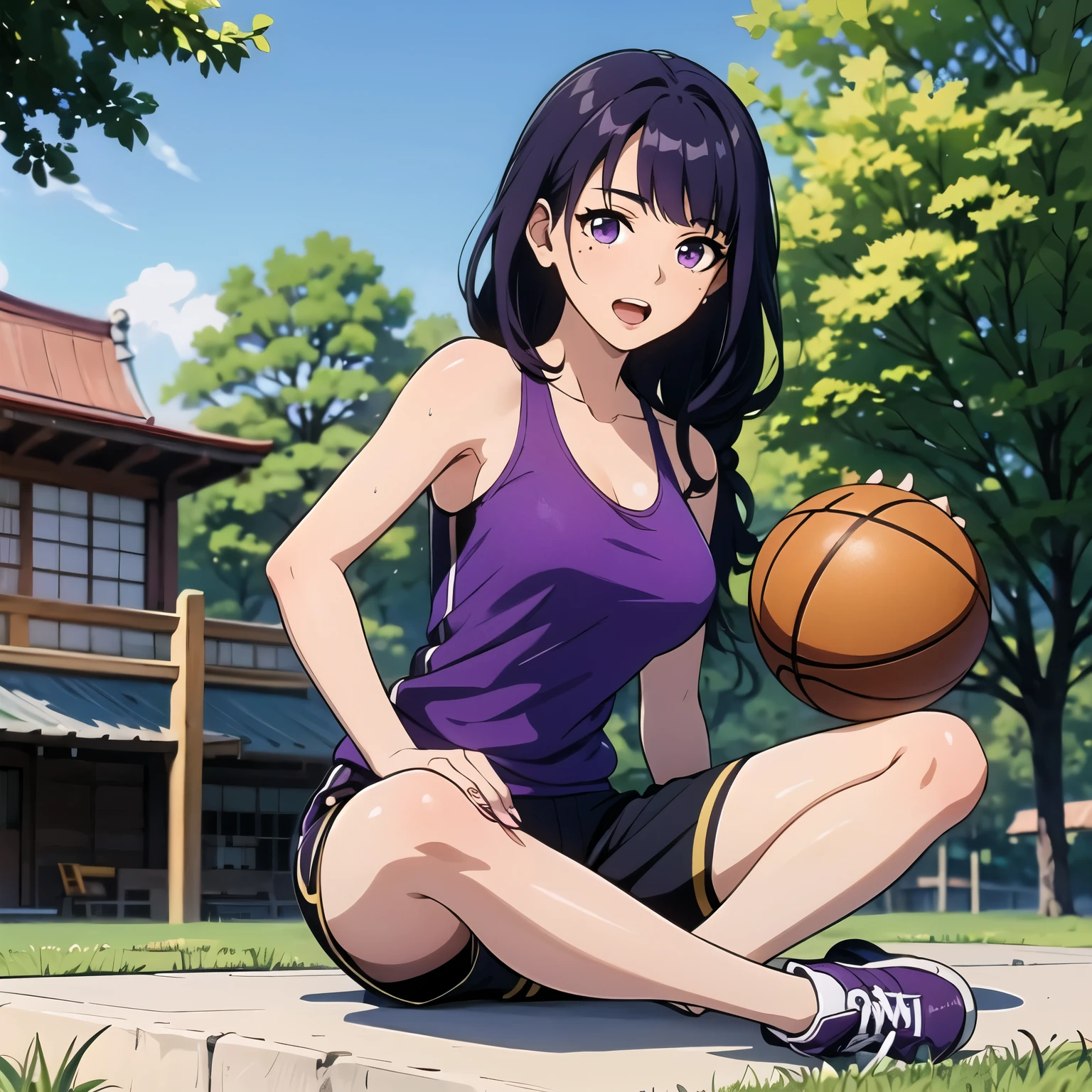 raiden shogun,((best quality)), ((masterpiece)), (detailed), perfect face,1girl, solo, long hair, looking at viewer, blush, shirt, purple hair, brown eyes, upper body, teeth,, mole, mole on neck,1girl, solo, breasts, looking at viewer, shirt, black hair, breasts, sitting, outdoors,sky, shorts, sleeveless, alternate costume, tree, hand between legs, yellow shirt, sportswear, gym shorts, basketball uniform, yellow tank top,number 3,sweat,jersey numbber 3,full body,1girl, solo, long hair, breasts, looking at viewer, open mouth, bangs, large breasts, bare shoulders, sitting, purple eyes, purple hair, outdoors, sky, shoes, teeth, day, pants, mole, tree, mole under eye, grass, sneakers, sportswear, basketball