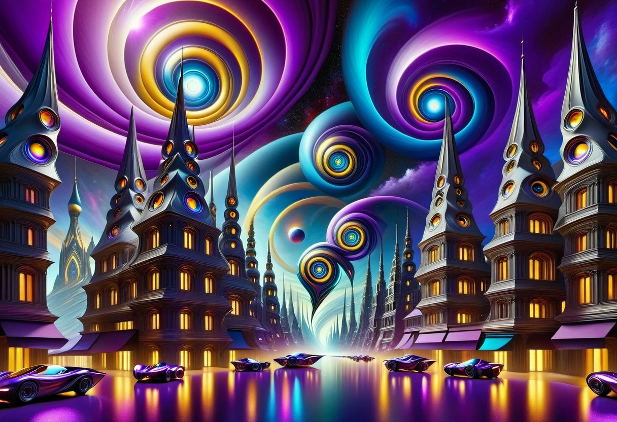 A surreal alien cityscape, in an alien world with more than 5 dimensions. Strangely spirally swirling asymmetrical reflective planes with something resembling windows. The strangely refracted light of two violet-blue suns. Amazing flying vehicles. Fractal clouds of purple color palette on a black and gold cosmic sky. the fusion of the complexity of the cities of Jacek Pilarsky, the sophistication of Philippe Vignal, balanced like Jacob Lawrence, dynamic like Francis Picabia, rendering in Unreal Engine, acrylic texture adding depth, grunge aesthetic filling character, ultra HD, bright colors, high detail, UHD pen and ink, perfect composition, intricate, high quality, masterpiece. best quality,, super detail