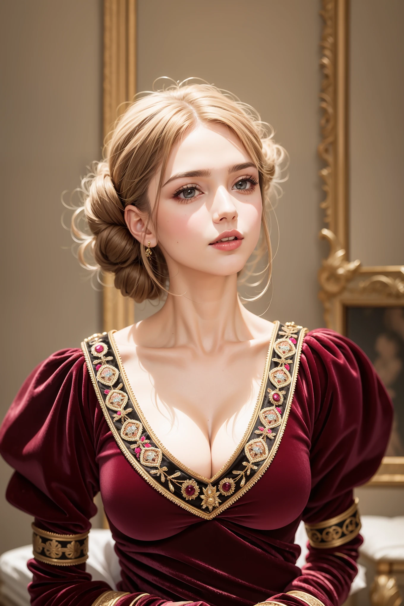 (((black))) beautiful ((thick)) hair (((brunette))), beautiful hairstyle of an aristocrat, a beautiful girl of European appearance (European image), a medieval princess in a long (burgundy) dress made of fabric (((velvet))), a colorful Renaissance dress ((rich decoration)), (black gloves), a medieval fantasy outfit, bright juicy colors
