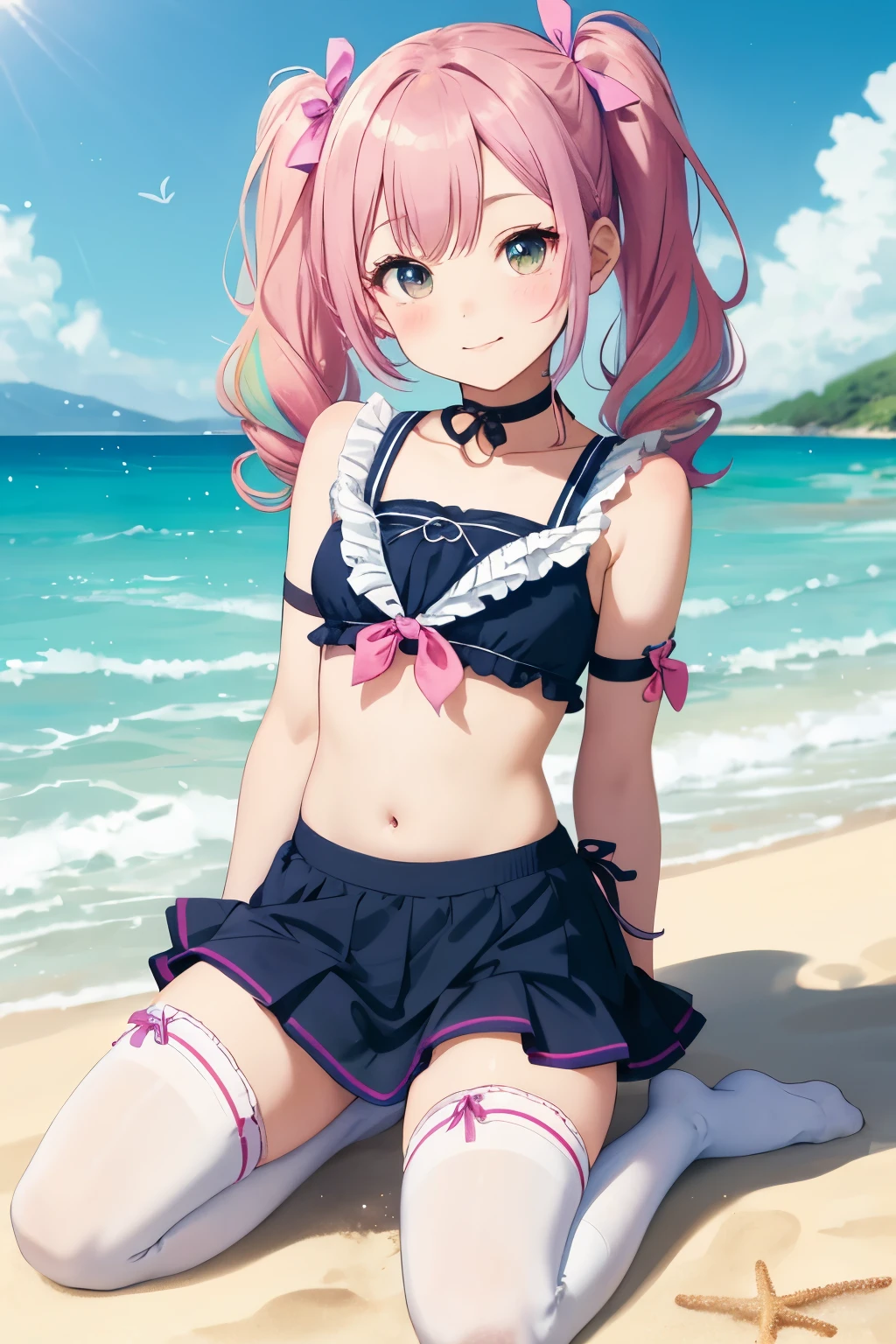 beautiful girl, 、young , cute colorful hair、 twin tails, choker, highest quality, ribbon, frills, Furifuri, fold your arms behind your back, cute colorful knee socks, knee high socks, embarrassing, sandy beach、Cute colorful bikini