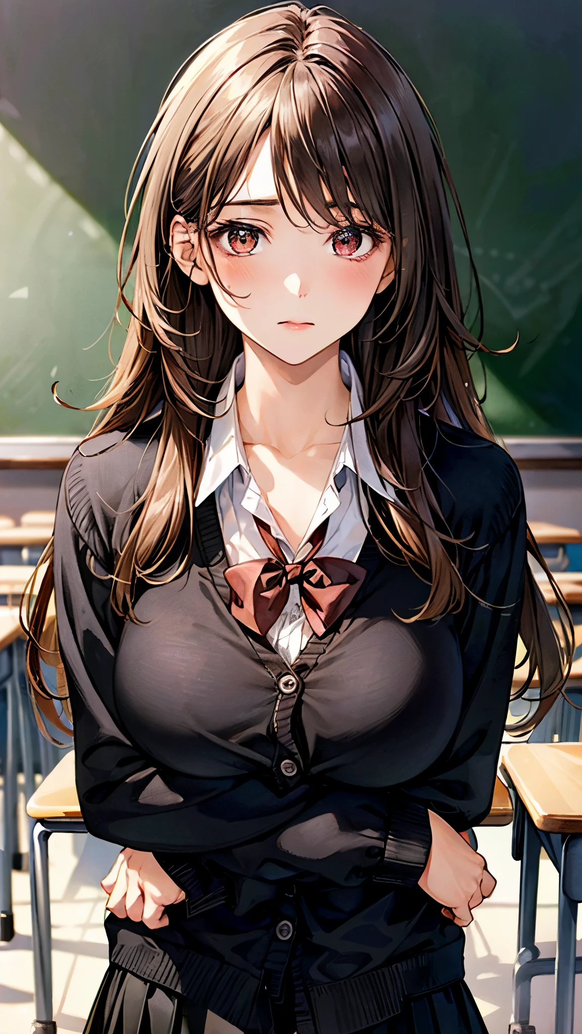 (masterpiece:1.2, top-quality), (realistic, photorealistic:1.4), beautiful illustration, (natural side lighting, movie lighting), nsfw, 
looking at viewer, (face focus, upper body), 1 girl, japanese, high school girl, perfect face, cute and symmetrical face, shiny skin, 
(very long hair:1.5, messy hair:1.4, light brown hair), crossed bangs, brown eyes, big eyes, drooping eyes, long eye lasher, (large breasts:1.5), slender, 
beautiful hair, beautiful face, beautiful detailed eyes, beautiful clavicle, beautiful body, beautiful chest, beautiful thigh, beautiful legs, beautiful fingers, 
((overly long sleeve black cardigan, white collared shirts, black pleated mini skirt), dark red bow tie), 
(beautiful scenery), evening, (school classroom, blackboard), standing, fold arms, (expressionless, chestnut mouth),
