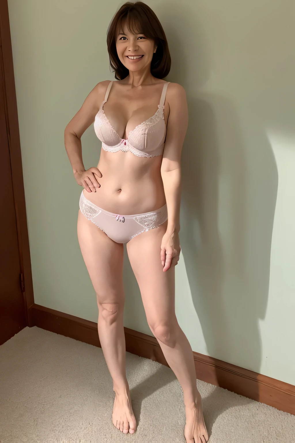 smile gently、56 years old,panties,sexy bra, big breasts,Standing,Full body figure