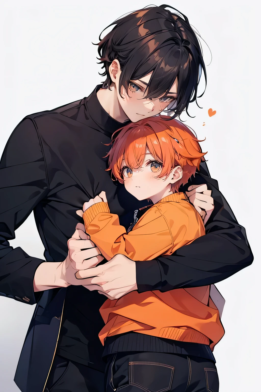 ((best quality)), ((masterpiece)), (detailed), perfect face, 2 boys, gay couple, one boy with dark black hair and dark brown eyes and is tall and handsome, looks fierce and bold, tsundere, very tall, hot and other boy has orange hair and orange eyes and is cute adorable and is bubbly and shorter, short height, baby face, blushing looks like innocent and shy, they are in love, romance, gay couple, bl couple, yaoi, 4k ultra anime quality, anime ARTSTYLE, bl yaoi, hugging, 4k anime art style, cute, hugging, stylish outfits