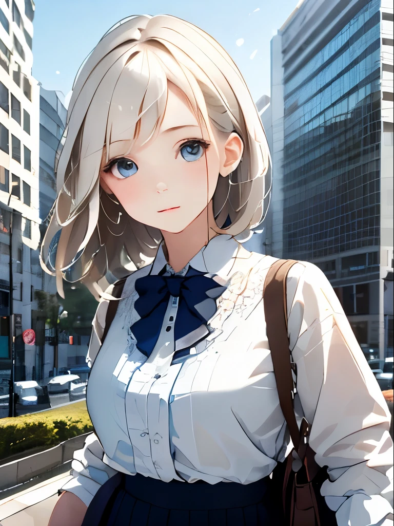 1 girl、white shirt、mature woman、dull bangs、bow、picture、lively、highest quality、adopt、detailed face、office、building seen from the window、detailed background、diffused sunlight、Depth of the bounds written、Bokeh