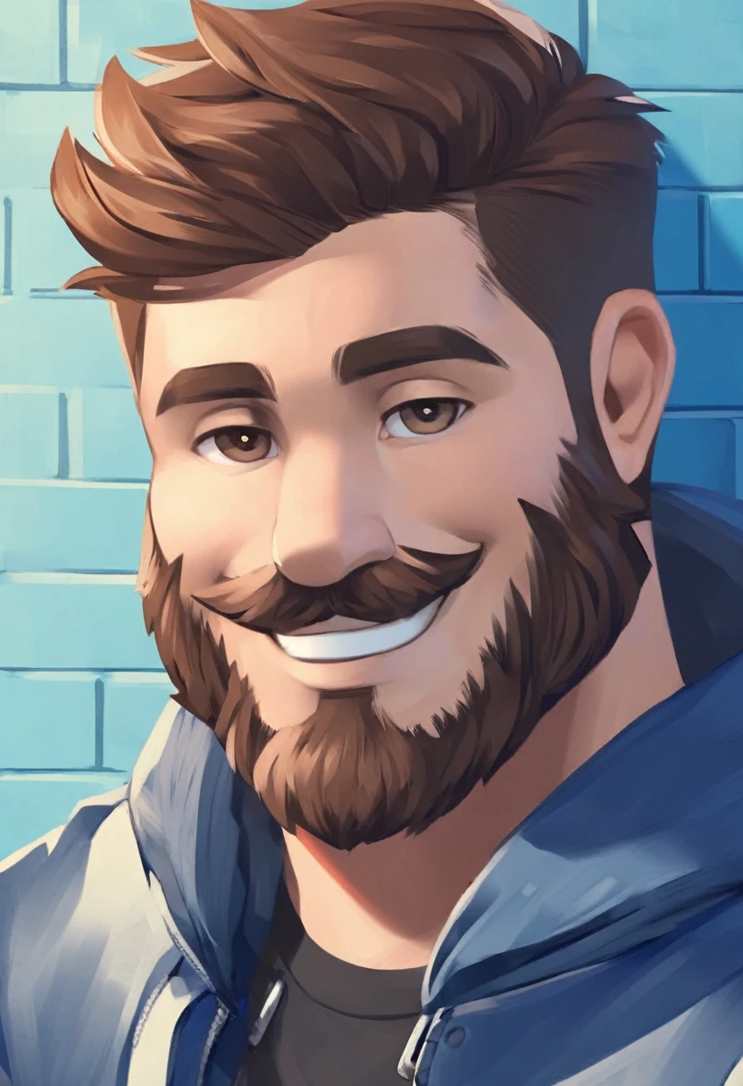 30-year-old Caucasian male with short brown hair and a full beard, wearing a blue jacket, smiling, with a blue wall in the background