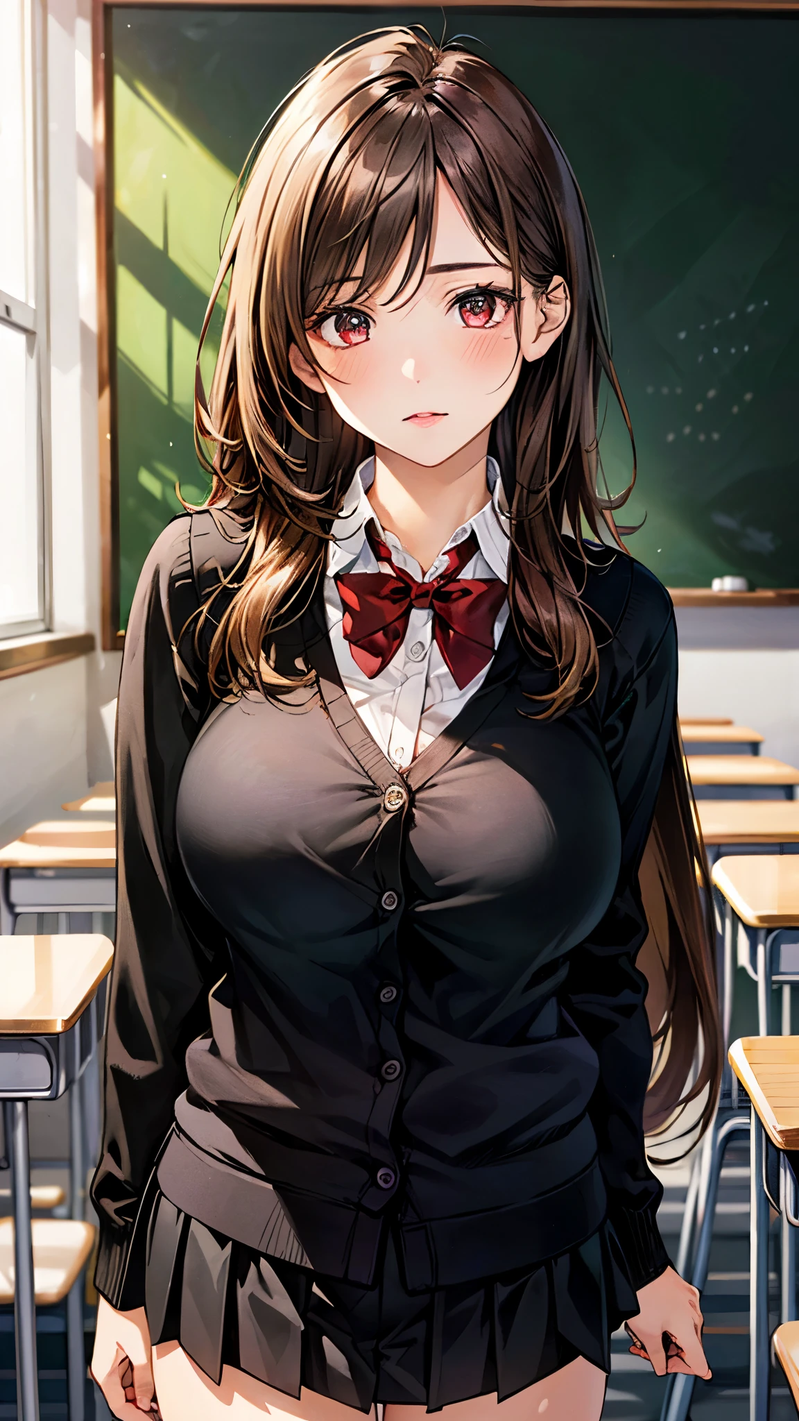 (masterpiece:1.2, top-quality), (realistic, photorealistic:1.4), beautiful illustration, (natural side lighting, movie lighting), , 
looking at viewer, (face focus, upper body), 1 girl, japanese, high school girl, perfect face, cute and symmetrical face, shiny skin, 
(very long hair:1.5, messy hair:1.4, light brown hair), crossed bangs, brown eyes, big eyes, drooping eyes, long eye lasher, (large breasts:1.5), slender, 
beautiful hair, beautiful face, beautiful detailed eyes, beautiful clavicle, beautiful body, beautiful chest, beautiful thigh, beautiful legs, beautiful fingers, 
((overly long sleeve black cardigan, white collared shirts, black pleated mini skirt), dark red bow tie), 
(beautiful scenery), evening, (school classroom, blackboard), standing, (expressionless, chestnut mouth),
