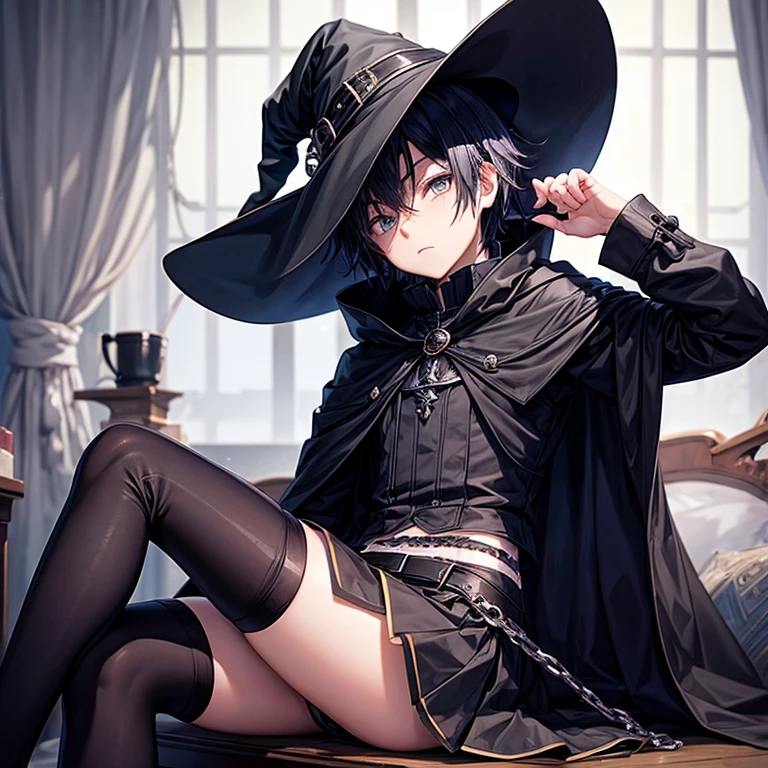 1boy, sitting, skirt, striped stockings, witch, emo, cloak, hat