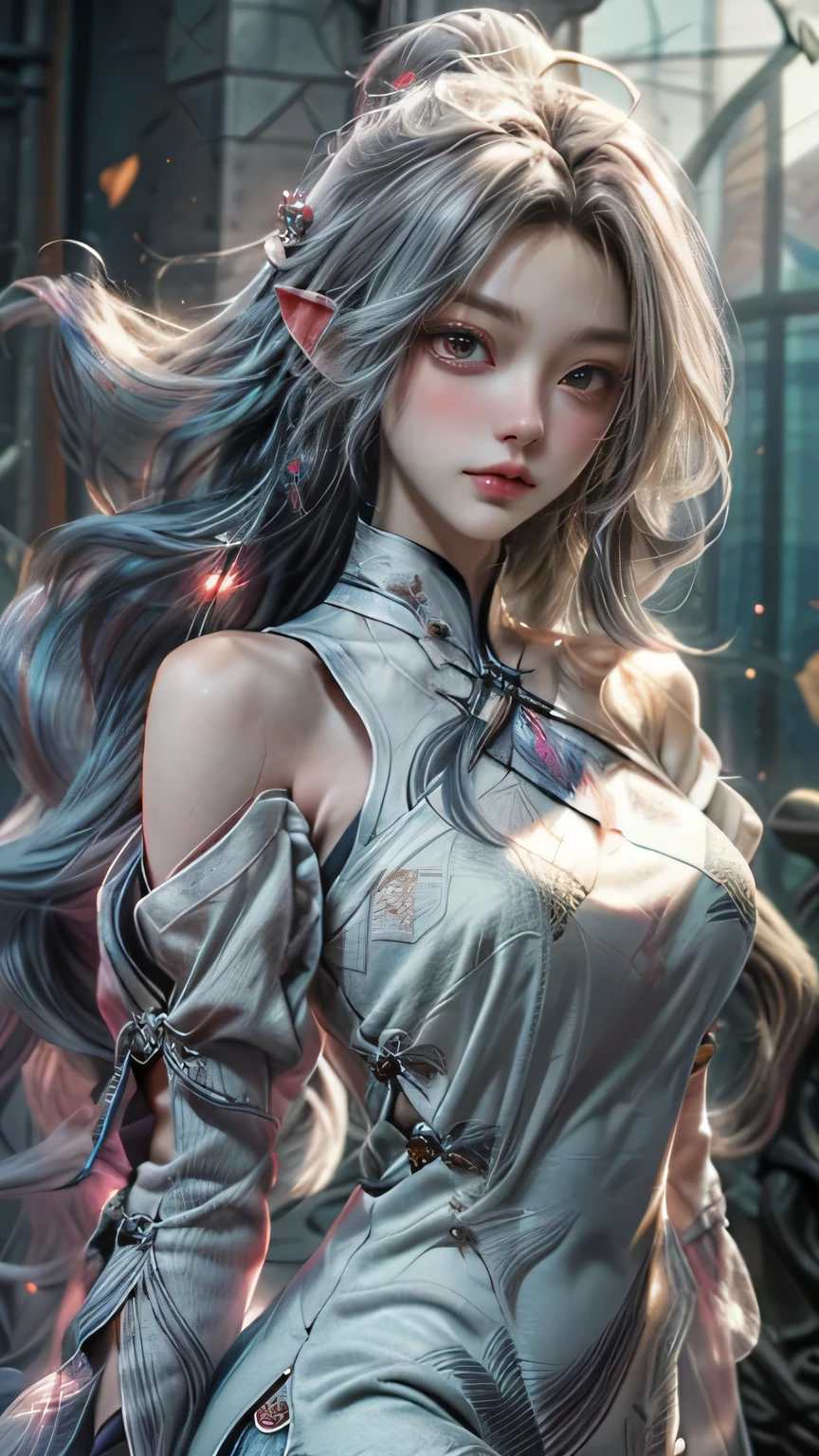silver hair,wizard&#39;cane,(masterpiece, Highest quality, Highest, official art, beautiful and aesthetic, exposed for a long time: 1.2), smooth movement, attractive pattern, 1 girl, (long dress with sleeves: 1.3), (((white clothes) )), Upper body close-up, bare shoulders, Big eyes, blush, black lob hair, portrait, alone, Upper body, observe the observer, detailed background, detailed face, (crystal AI, crystal theme:1.1), wind elf, Rotating wind, control the wind, White crystal clothes, dynamic pose, suspended particles, ether dynamics, whirlwind, vapor, whirlwind in the background, white tone, whirlwind, great atmosphere,blonde,goblin, silver hair, plump face,emerald green eyes:1.5,random pose、single、round face,wizard with big jewel&#39;cane