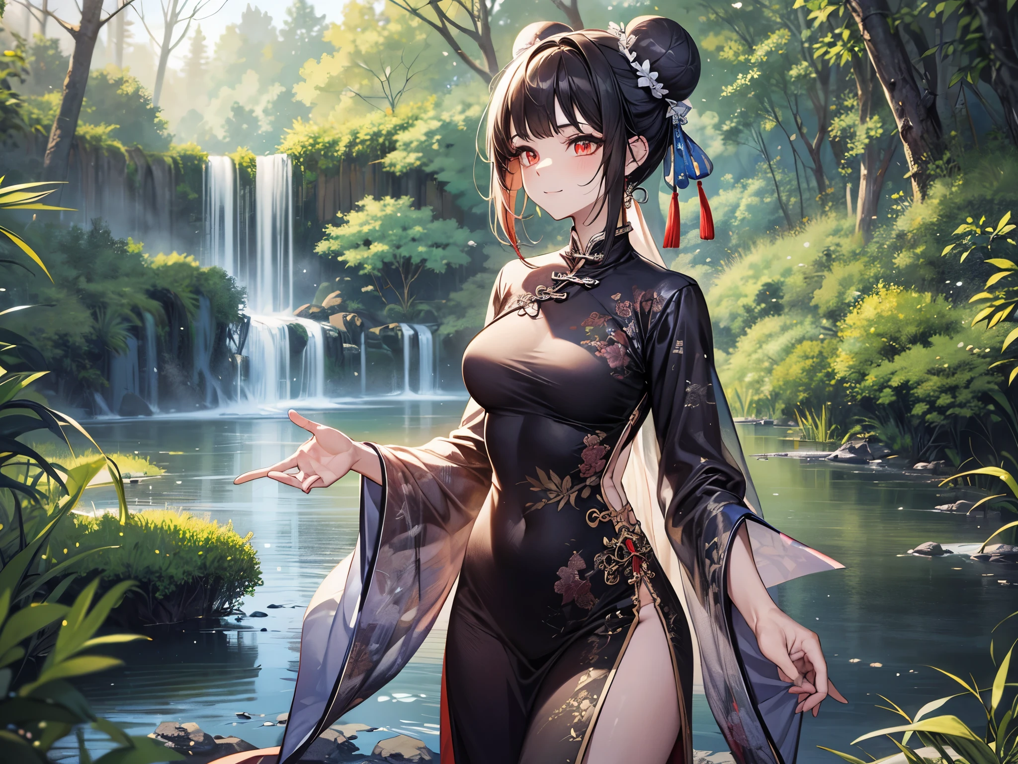 ((highest quality)),(ultra high resolution),(Super detailed),(detailed description),((best CG)),(best work of art),super precision art,amazing drawing art,(Chinese style art with precise details:1.5), (adult women:1.7),(beautiful and well-shaped face:1.6),(long slit eyes:1.7),(A Chinese dress dyed with a precise and detailed gradation.:1.7),(Bun head:1.6),smile, river with clear water,waterfall:1.4,open forest