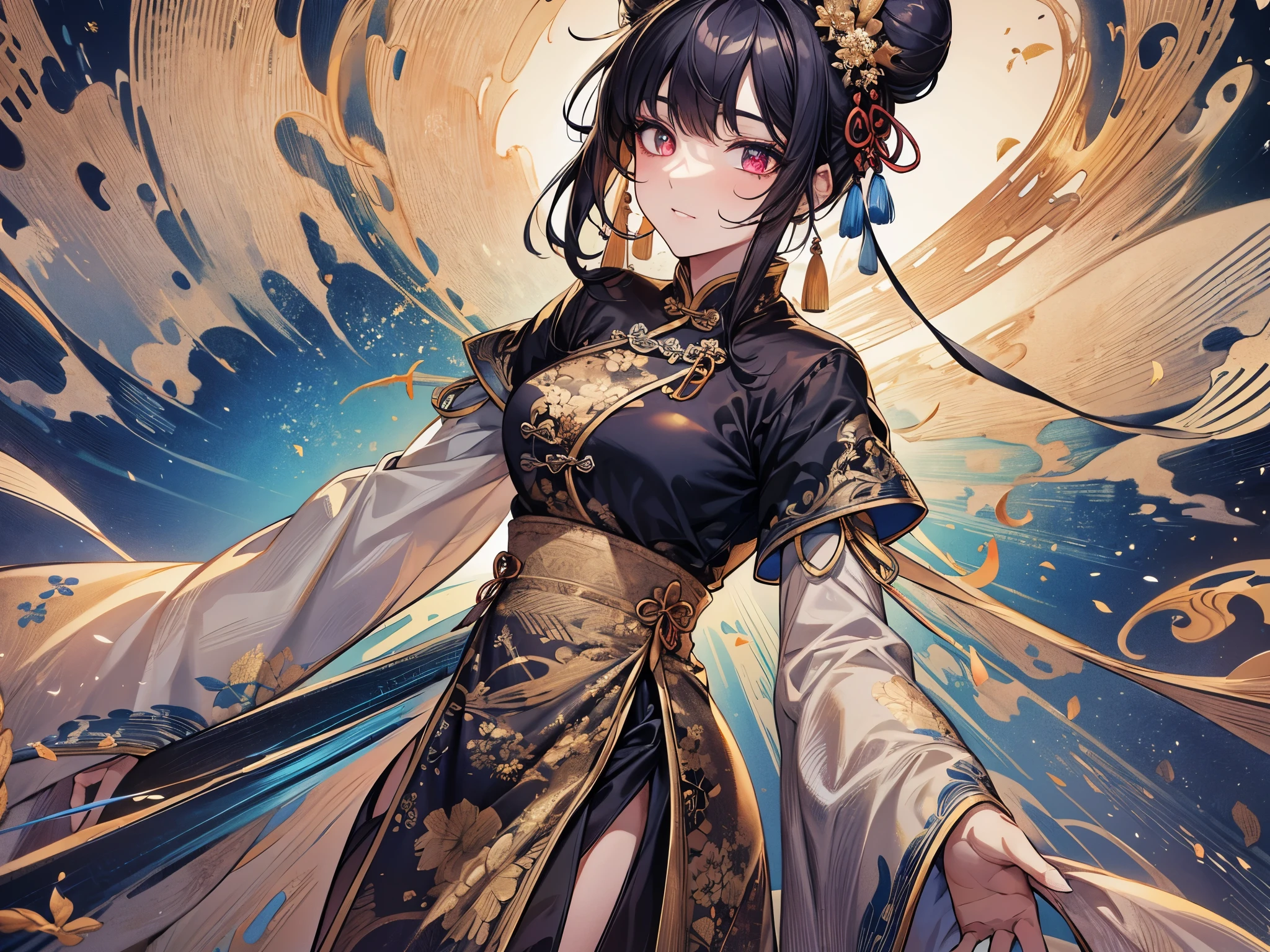 ((highest quality)),(ultra high resolution),(Super detailed),(detailed description),((best CG)),(best work of art),super precision art,amazing drawing art,(Chinese style art with precise details:1.5), (adult women:1.7),(beautiful and well-shaped face:1.6),(long slit eyes:1.7),(A Chinese dress dyed with a precise and detailed gradation.:1.7),(Bun head:1.6),smile, river with clear water,waterfall:1.4,open forest