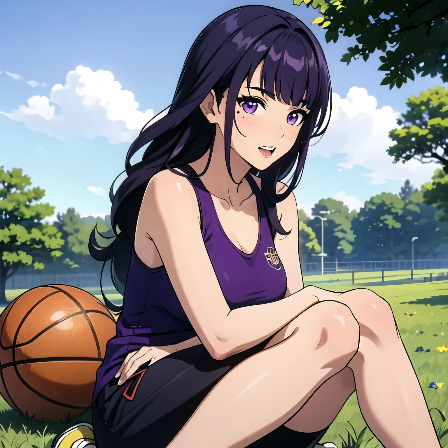 raiden shogun,((best quality)), ((masterpiece)), (detailed), perfect face,1girl, solo, long hair, looking at viewer, blush, shirt, purple hair, brown eyes, upper body, teeth,, mole, mole on neck,1girl, solo, breasts, looking at viewer, shirt, black hair, breasts, sitting, outdoors,sky, shorts, sleeveless, alternate costume, tree, hand between legs, yellow shirt, sportswear, gym shorts, basketball uniform, yellow tank top,number 3,sweat,jersey numbber 3,full body,1girl, solo, long hair, breasts, looking at viewer, bangs, large breasts, bare shoulders, sitting, purple eyes, purple hair, outdoors, sky, shoes, teeth, day, pants, mole, tree, mole under eye, grass, sneakers, sportswear, basketball