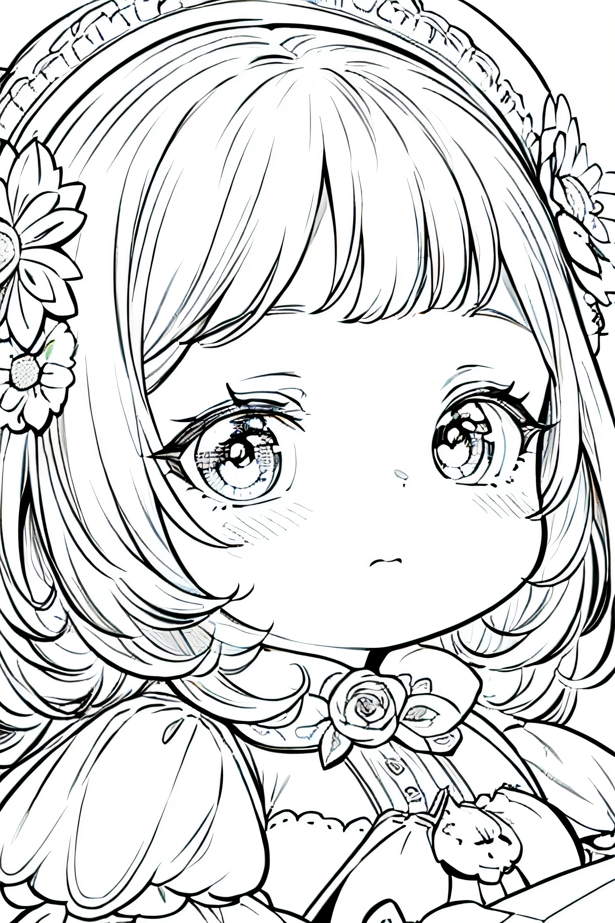 Detail face, ((Perfect details)), Cold light, ((Data in eyes)), ((Data embellishment hair)), Line drawing, Monochrome, Line drawing cute baby, white hair, flower line drawing background