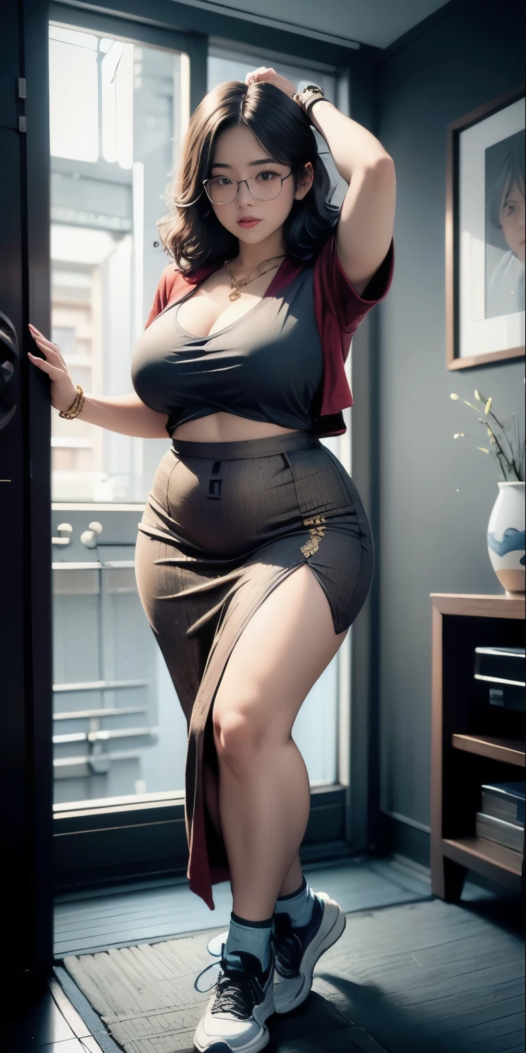 ((best quality)), ((masterpiece)), (detailed), perfect face, 1girl, thick body, japanese-Indonesian goddess ,high resolution , high quality , slightly fat round belly, thick thighs, polite t-shirt covered her belly , wearing a thight skirt , wearing nike sneakers , in the dark room, standing pose,  thick massive arm, thick thighs , wavy blue medium short hair Color, wearing many gold bracelet , wearing huge diamond necklace , full body view, red robe, glasses , thick neck,  Cold blue hue, high dehaze, korean Goddess , thick cheeks , big breast , Indonesian-japanese 