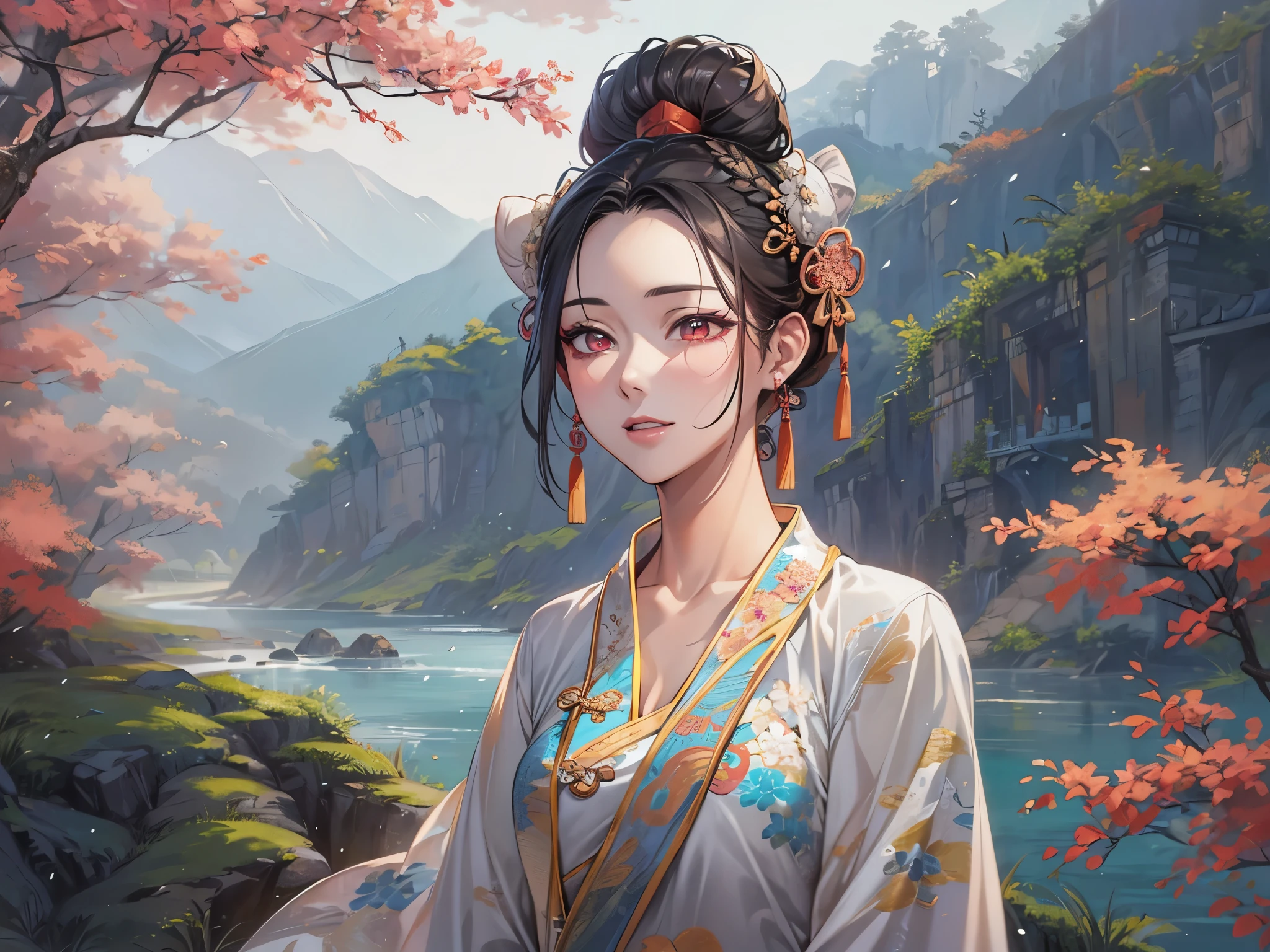 ((highest quality)),(ultra high resolution),(Super detailed),(detailed description),((best CG)),(best work of art),super precision art,amazing drawing art,(Chinese style art with precise details:1.5), (adult women:1.7),(beautiful and well-shaped face:1.6),(long slit eyes:1.7),(A Chinese dress dyed with a precise and detailed gradation.:1.7),(Bun head:1.6),smile, river with clear water,waterfall:1.4,open forest