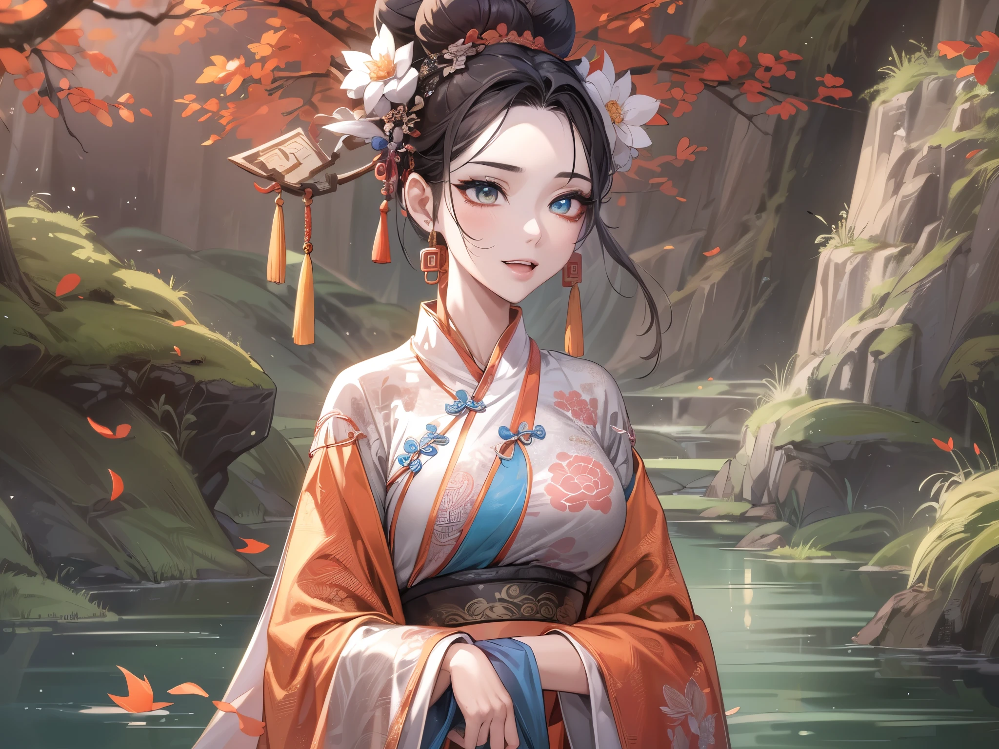 ((highest quality)),(ultra high resolution),(Super detailed),(detailed description),((best CG)),(best work of art),super precision art,amazing drawing art,(Chinese style art with precise details:1.5), (adult women:1.7),(beautiful and well-shaped face:1.6),(long slit eyes:1.7),(A Chinese dress dyed with a precise and detailed gradation.:1.7),(Bun head:1.6),smile, river with clear water,waterfall:1.4,open forest