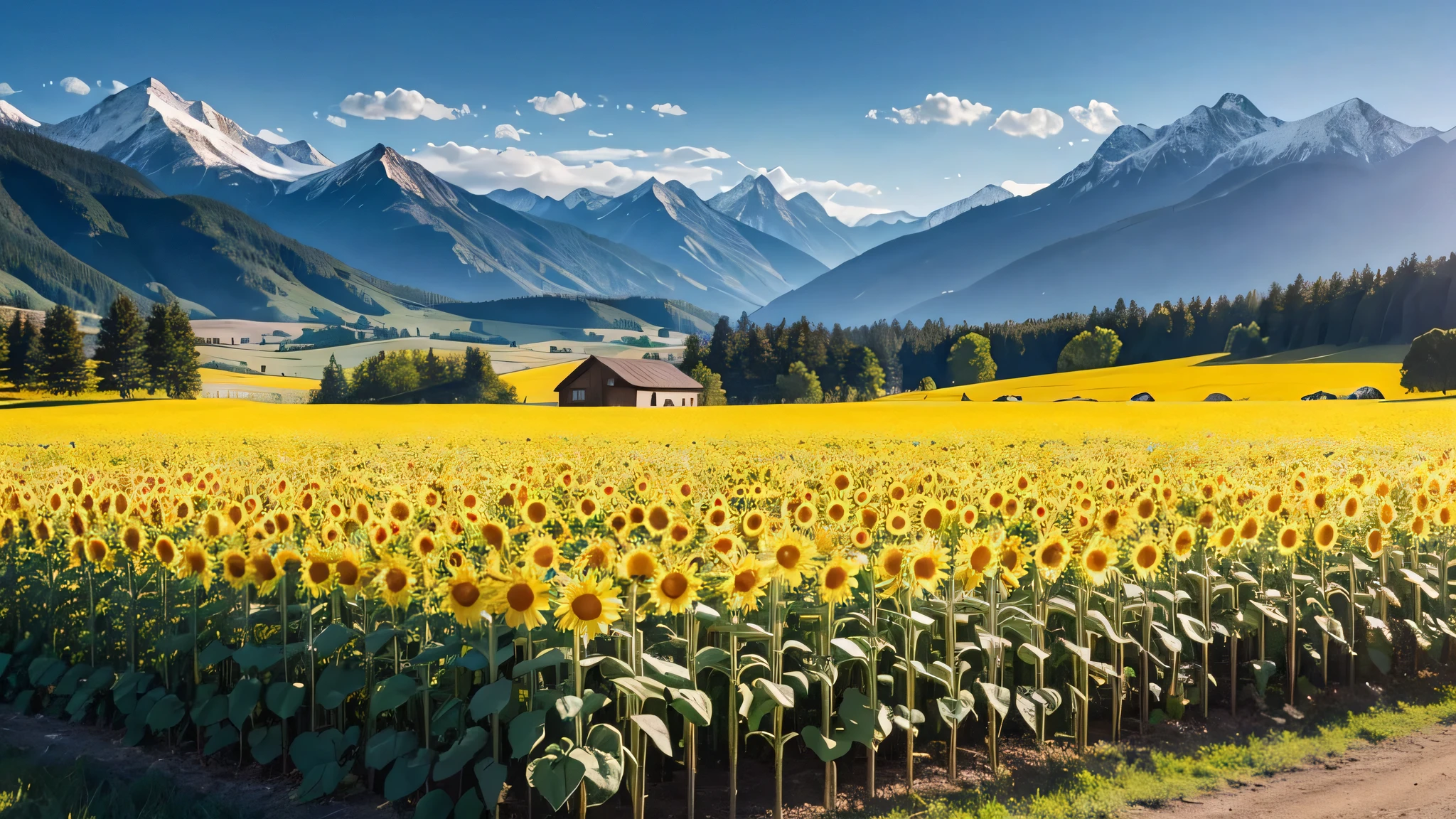plateau、ranch、sunflower field、background mountains、