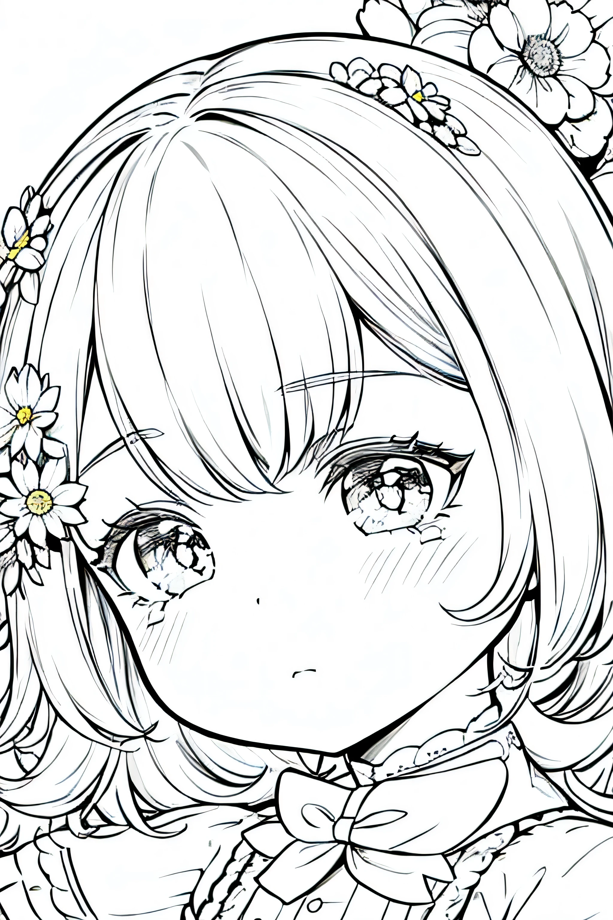 Detail face, ((Perfect details)), Cold light, ((Data in eyes)), ((Data embellishment hair)), Line drawing, Monochrome, Line drawing cute , white hair, flower line drawing background