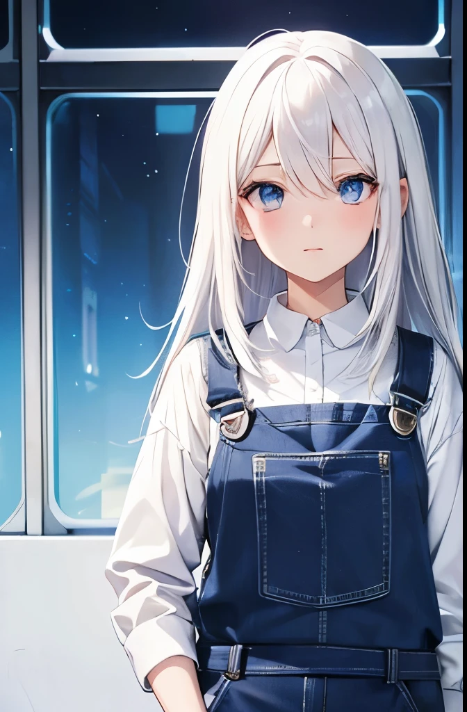 (High resolution:1.2),anime,white haired woman,modern style,white dungarees,blue details,symmetrical configuration,eye-catching,eye contact