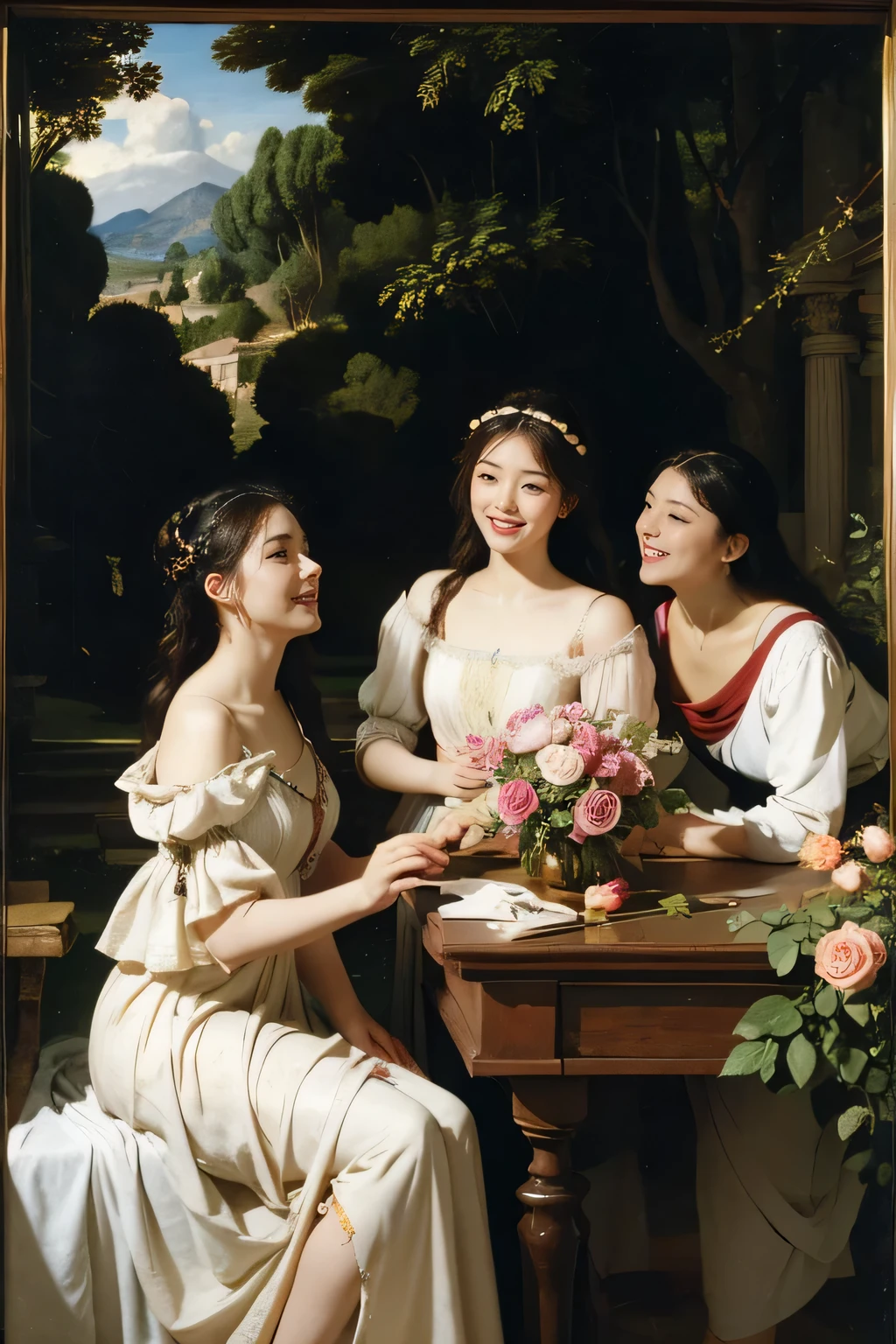 Giorgione's painting style、Discussion between two female philosopherath、astronomical machine、astronaut、roses in vase、fruit、Cute trinkets、smile、ancient greek costume、Ancient Roman landscape in the style of Nicolas Poussin、laughter、Sweet and enchanting appearance。 、caravaggio painting、Caravaggio's chiaroscuro、hair blowing in the wind、two women having fun、cute smile、expression of ecstasy、sexy、erotic