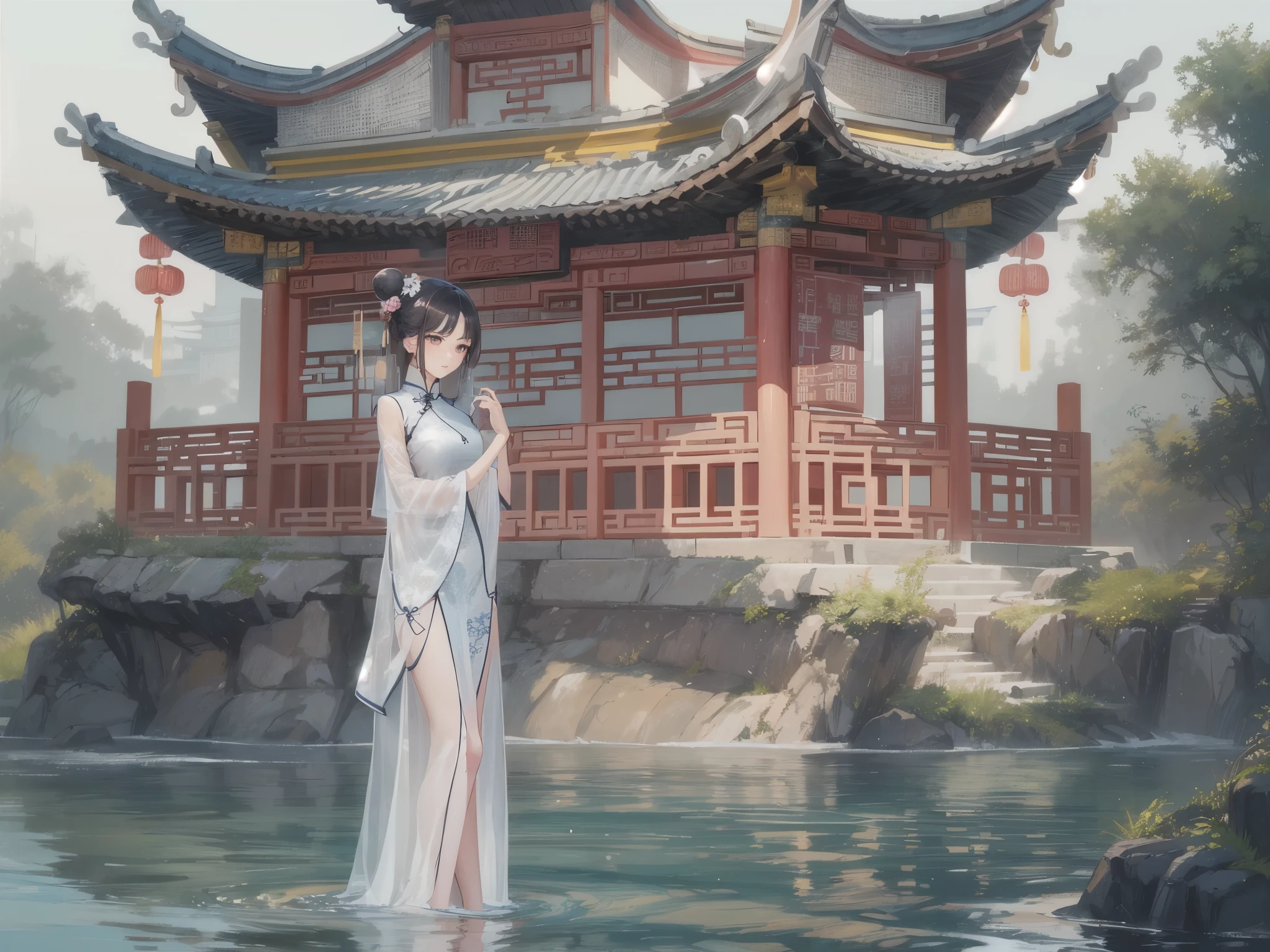 ((highest quality)),(ultra high resolution),(Super detailed),(detailed description),((best CG)),(best work of art),super precision art,amazing drawing art,(Chinese style art with precise details:1.5), (adult women:1.7),(beautiful and well-shaped face:1.6),(long slit eyes:1.7),(A Chinese dress dyed with a precise and detailed gradation.:1.7),(Bun head:1.6),smile, river with clear water,waterfall:1.4,open forest