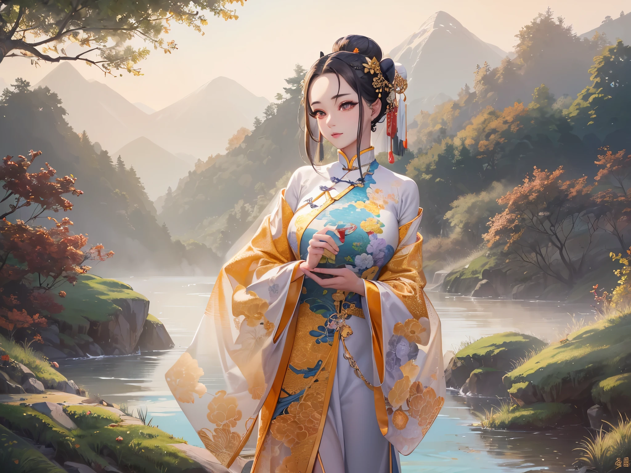 ((highest quality)),(ultra high resolution),(Super detailed),(detailed description),((best CG)),(best work of art),super precision art,amazing drawing art,(Chinese style art with precise details:1.5), (adult women:1.7),(beautiful and well-shaped face:1.6),(long slit eyes:1.7),(A Chinese dress dyed with a precise and detailed gradation.:1.7),(Bun head:1.6),smile, river with clear water,waterfall:1.4,open forest