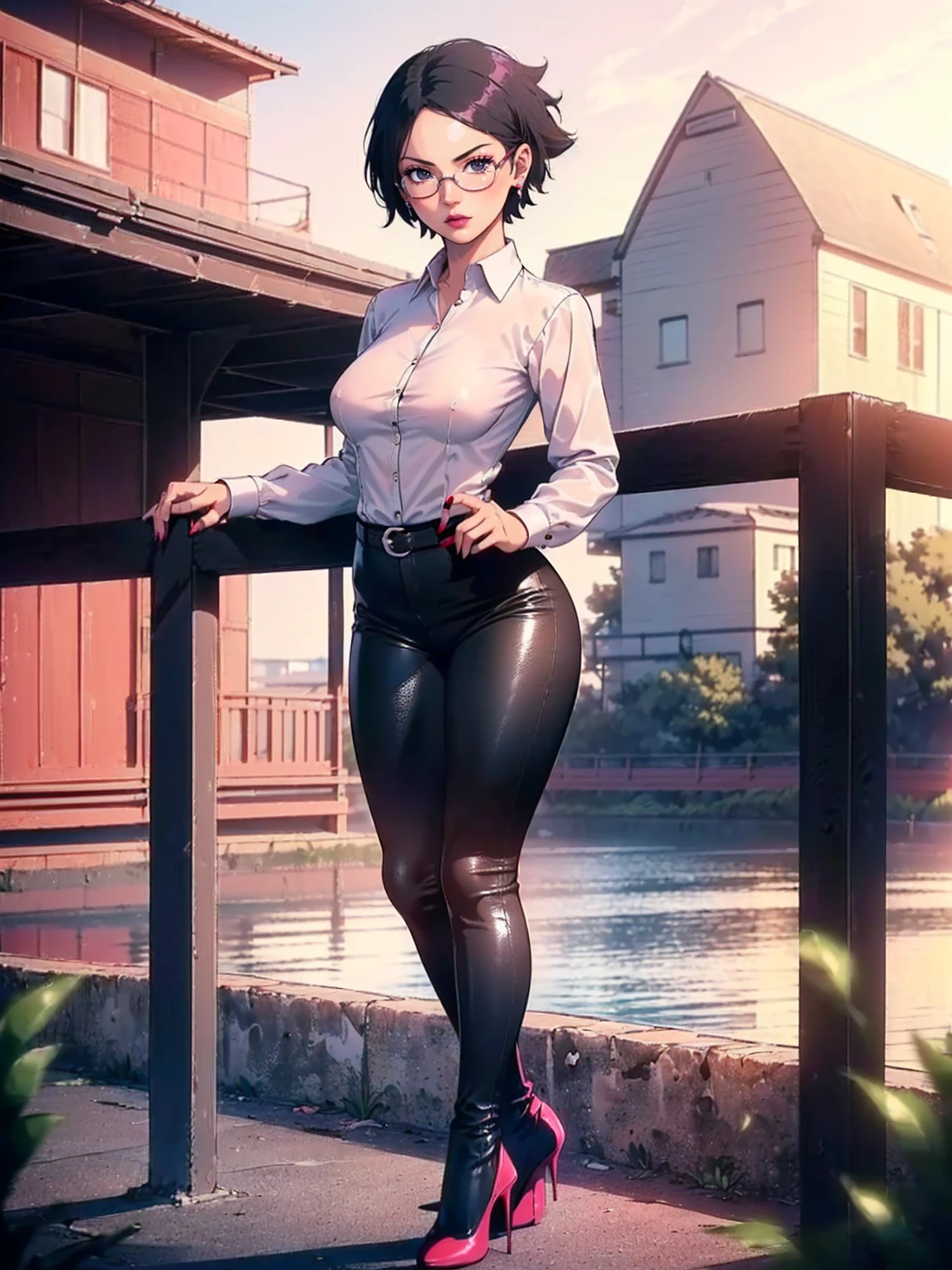 (1girl, solo, alone), (WakatsukiRisa, Sarada Uchiha, black hair, short hair, black eyes, red glasses), ((solo, (1woman, pink lipstick, (small breasts), black eyes), Extremely detailed, ambient soft lighting, 4k, perfect eyes, a perfect face, perfect lighting, a 1girl)), austere, ((black leather pants, (high heels, ((dress shirt, white shirt, long sleeve blouse))), black leggings, leather pants, black pants, ((stiletto high heels, (peep toes), black high heels with red soles, high heels)), tight clothes, shiny leather, leather, leathery, farm, balcony, farm background, pond)), ((itness, muscular, shapely body, athletic body, toned body))