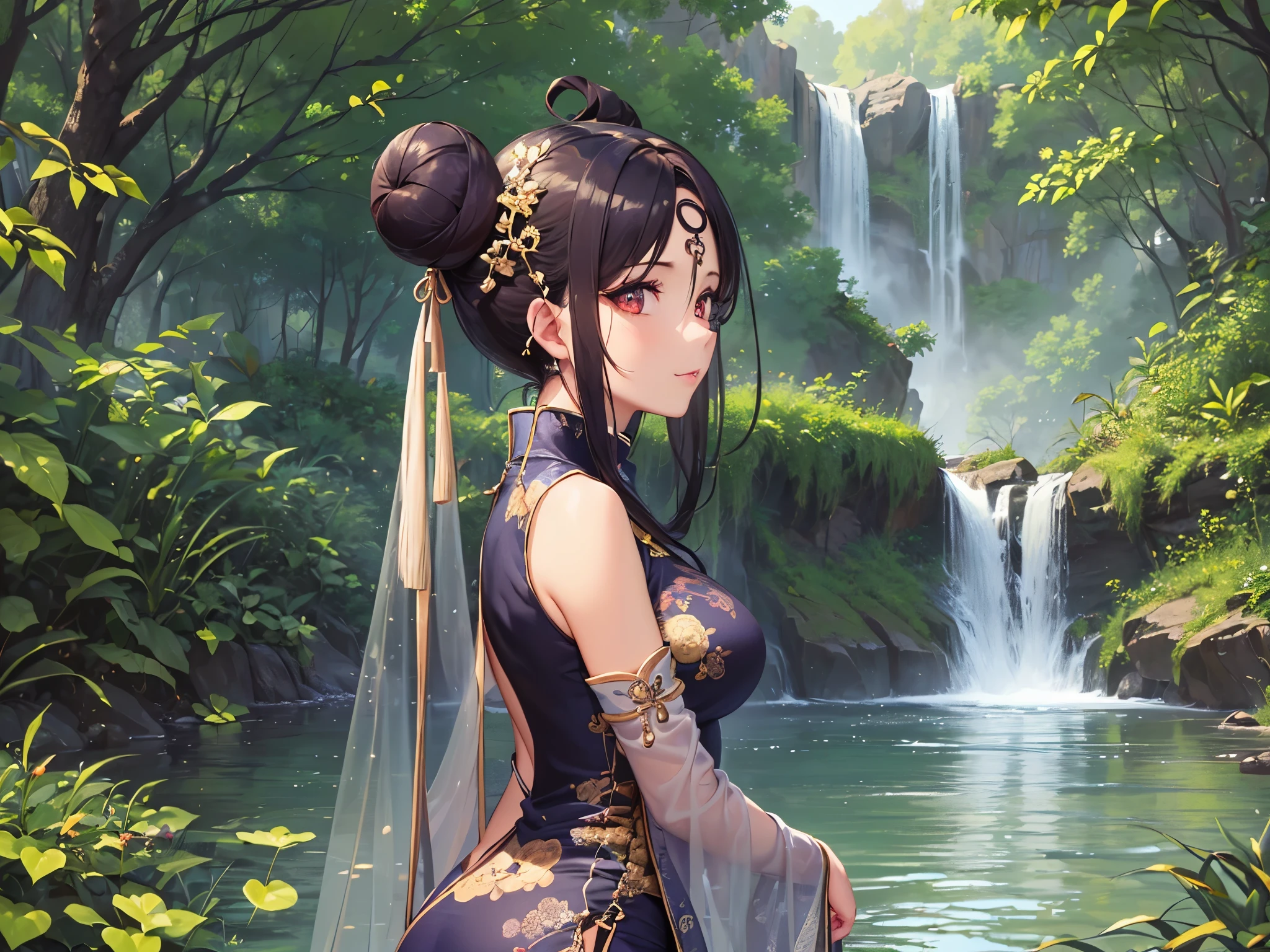 ((highest quality)),(ultra high resolution),(Super detailed),(detailed description),((best CG)),(best work of art),super precision art,amazing drawing art,(Chinese style art with precise details:1.5), (adult women:1.7),(beautiful and well-shaped face:1.6),(long slit eyes:1.7),(A Chinese dress dyed with a precise and detailed gradation.:1.7),(Bun head:1.6),smile, river with clear water,waterfall:1.4,open forest