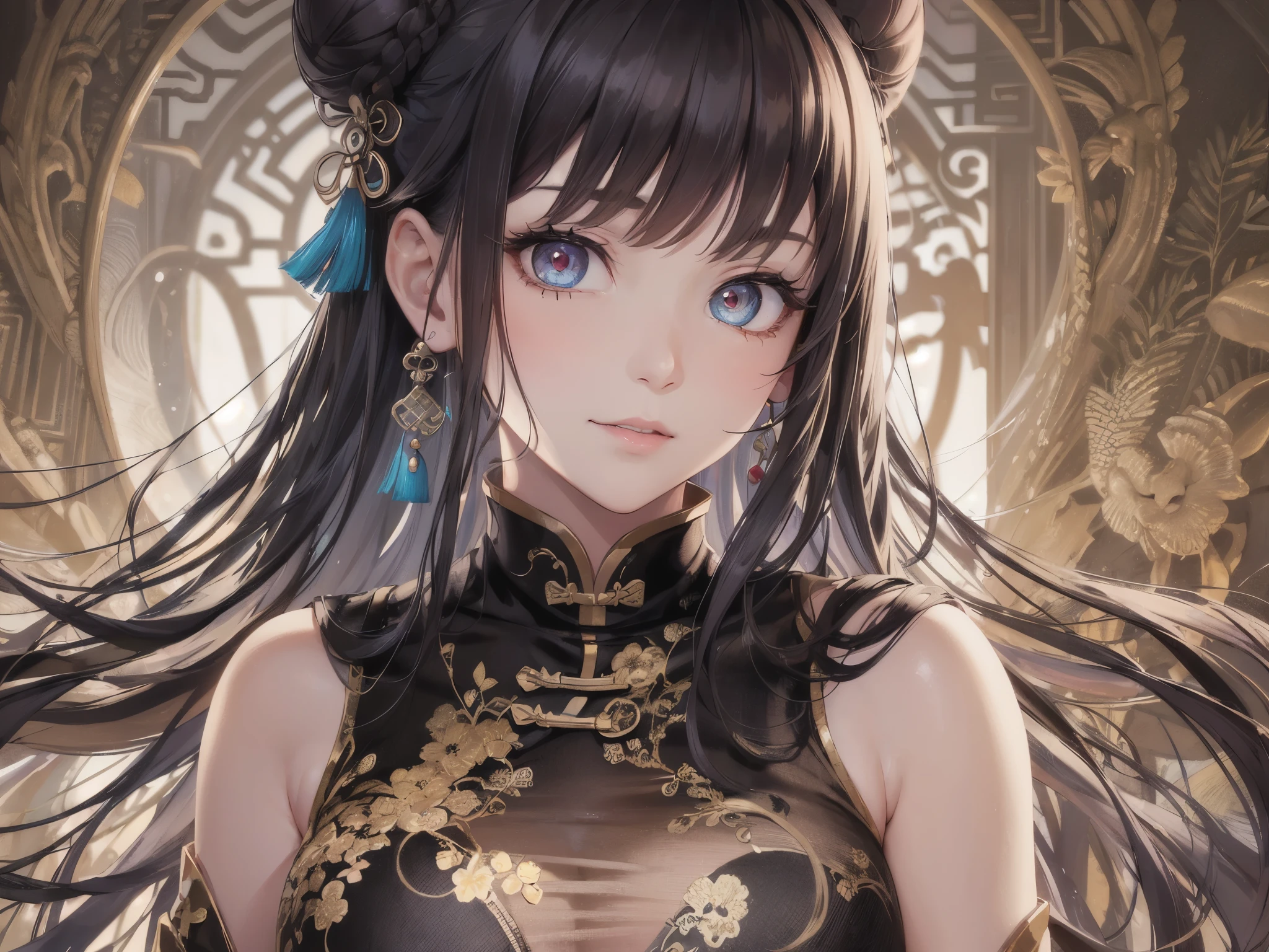 ((highest quality)),(ultra high resolution),(Super detailed),(detailed description),((best CG)),(best work of art),super precision art,amazing drawing art,(Chinese style art with precise details:1.5), (adult women:1.7),(beautiful and well-shaped face:1.6),(long slit eyes:1.7),(A Chinese dress dyed with a precise and detailed gradation.:1.7),(Bun head:1.6),smile, river with clear water,waterfall:1.4,open forest