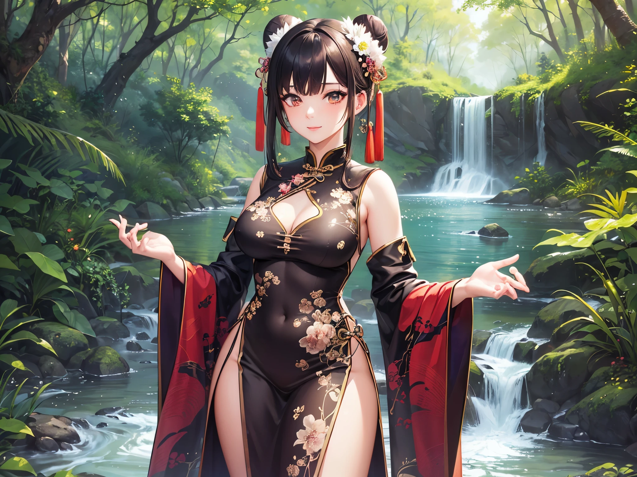 ((highest quality)),(ultra high resolution),(Super detailed),(detailed description),((best CG)),(best work of art),super precision art,amazing drawing art,(Chinese style art with precise details:1.5), (adult women:1.7),(beautiful and well-shaped face:1.6),(long slit eyes:1.7),(A Chinese dress dyed with a precise and detailed gradation.:1.7),(Bun head:1.6),smile, river with clear water,waterfall:1.4,open forest